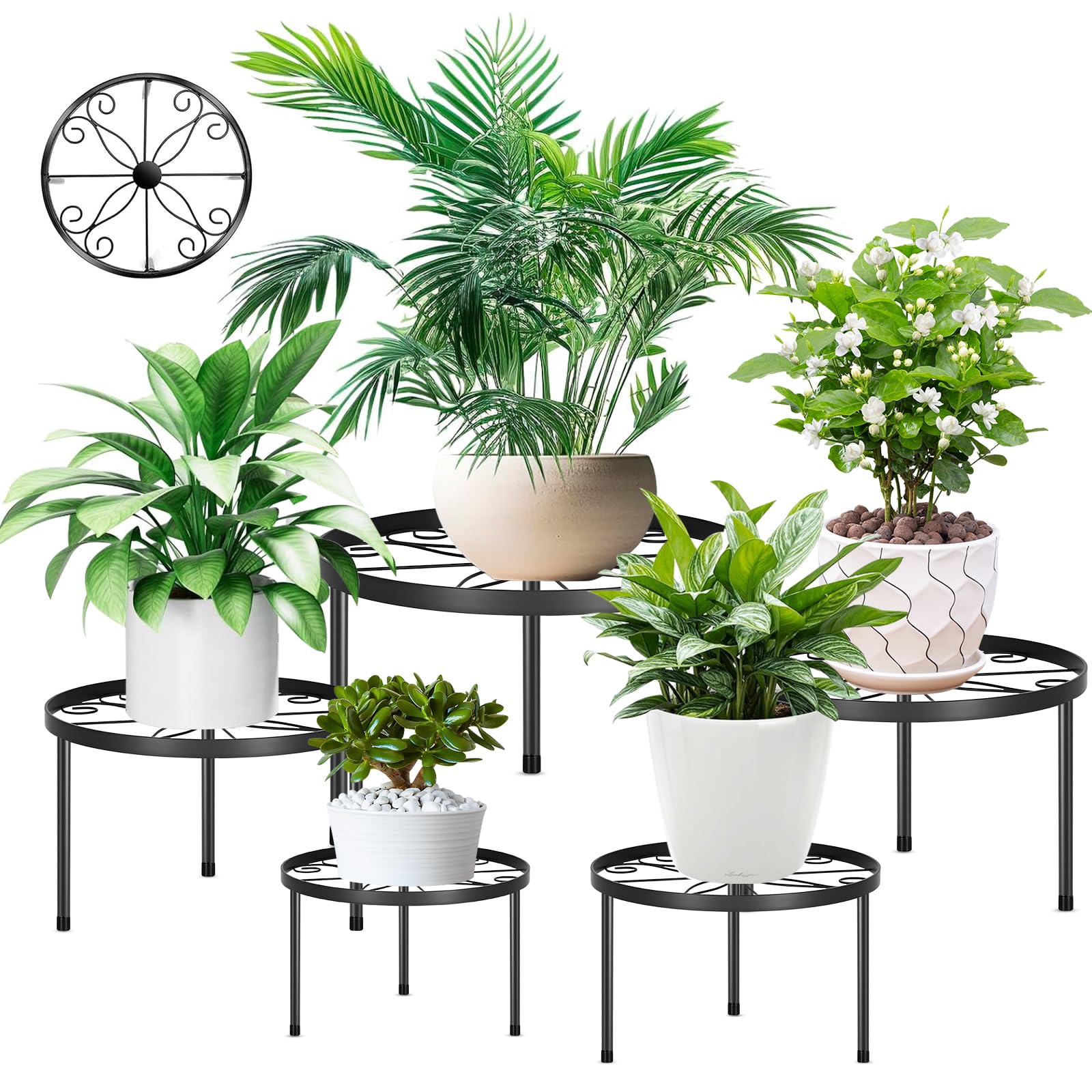 EAEVKPI Juego de 5 Jardineras de Metal, Jardinera de Metal, Jardinera Negra, Taburete de Jardin Para Interior Exterior, Estanteria de Hierro Antioxidante para Decoracion de Casa y Jardin