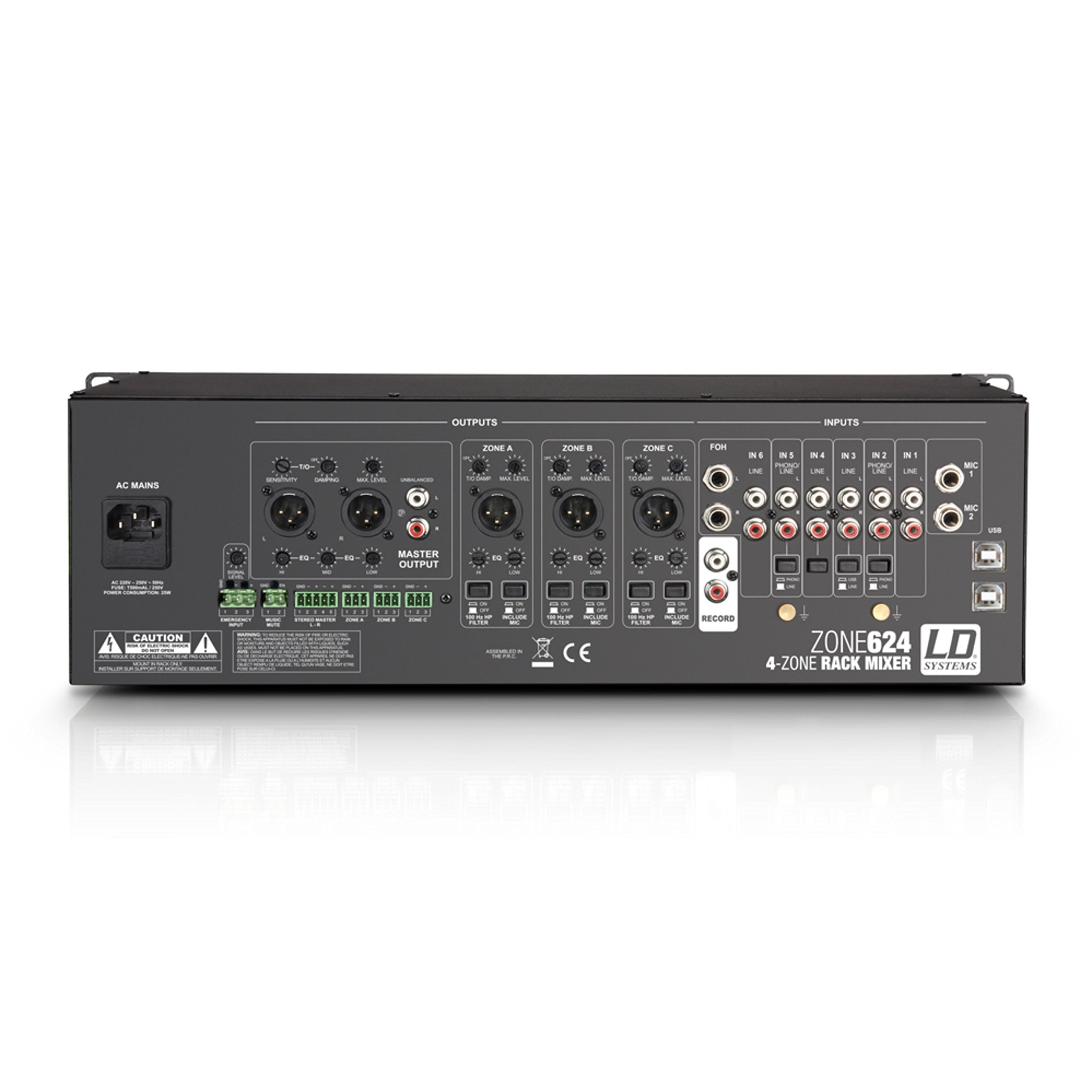 LD Systems ZONE 624-19" 4-Zonen Mixer mit 2 Mikrofonkanälen und 3HE, schwarz
