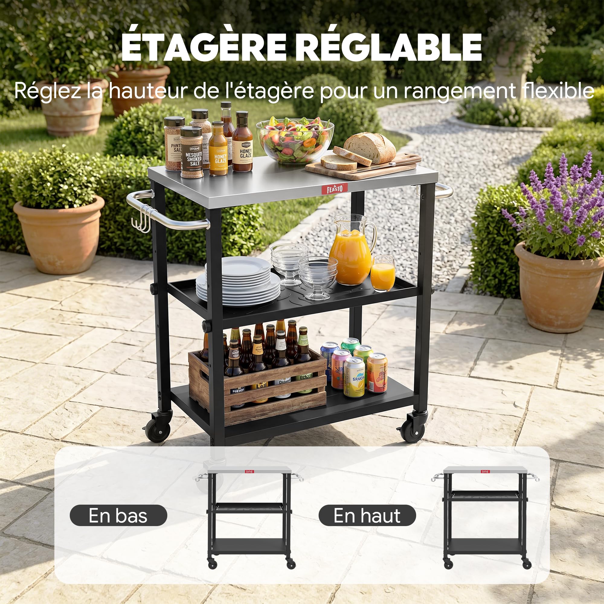 Feasto 3-Étagère Desserte de Jardin avec Plateau en Acier INOX | Chariot de Barbecue avec Étagère Centrale Réglable et 4 Roues Universelles, Idéal pour Intérieur et Éxtérieur, 87,5x41x84 cm