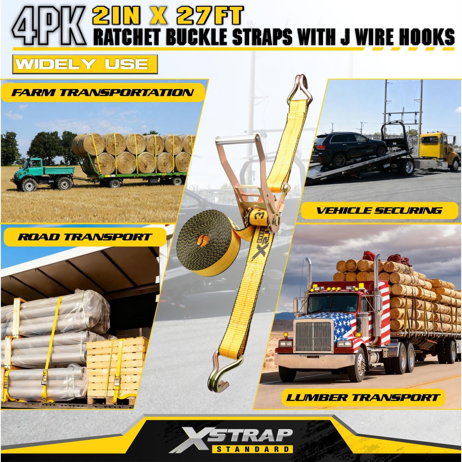 XSTRAP STANDARD Confezione da 4 cinghie industriali da 5,1 cm x 27 ', cinghie a cricchetto resistenti con doppi ganci a J, carico di lavoro 1511,8 kg, resistenza alla rottura 4.535,9 kg, cinghie da