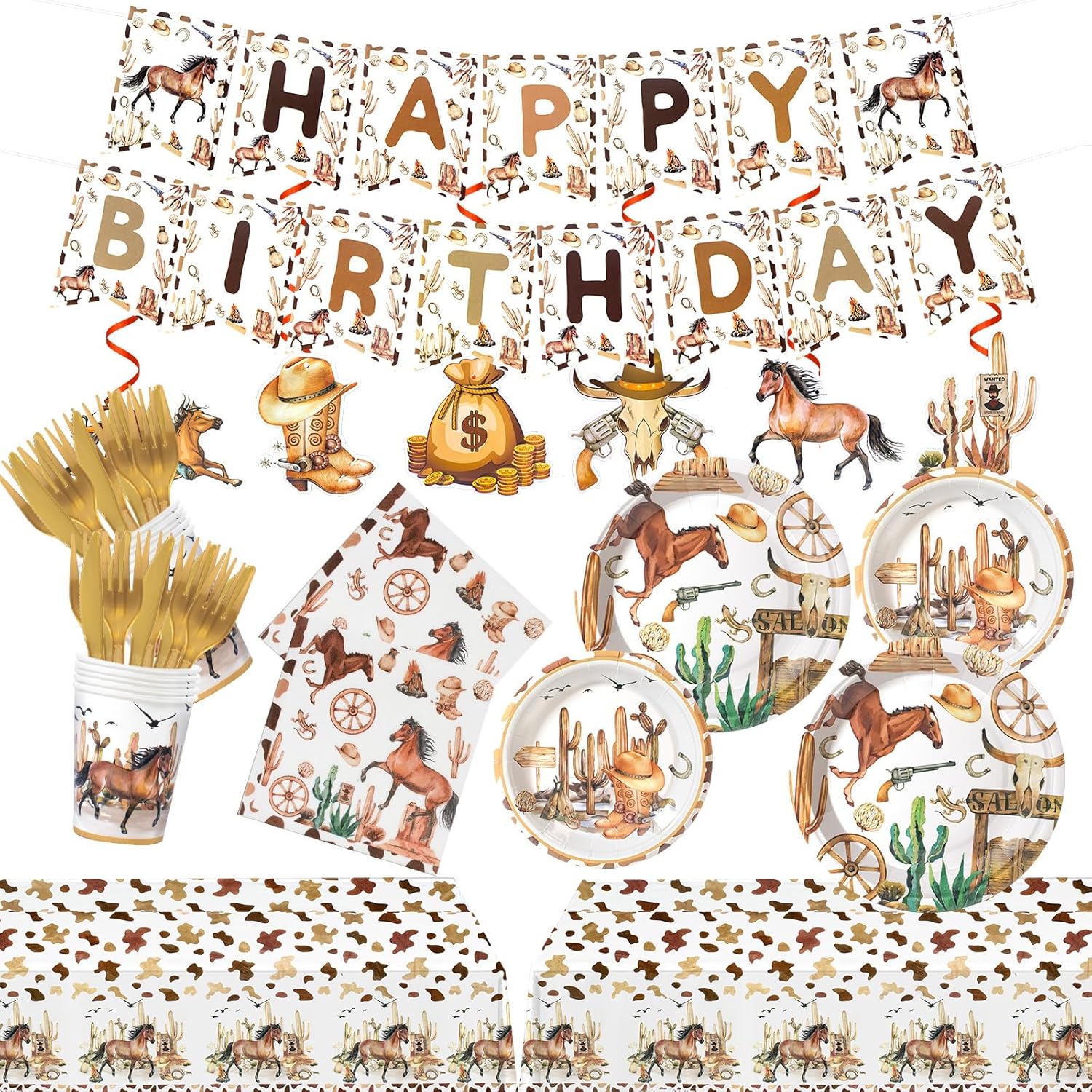 155Pcs Cowboy Party Decorations,Include Western Plates and Napkins Set,Banner,Hanging Swirls,Tablecloth,for Baby Shower Rodeo Birthday Party Supplies,Serves 20