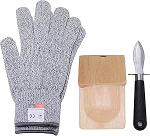 3 Piece Oyster Shucker Opener Set,Oyster Shucking Knife and Level 5 Protection Food Grade Cut Resistant Gloves Shellfish Seafood Opener (1 pair gloves + 1 knives+ 1 Oyster Shucking Clamp)