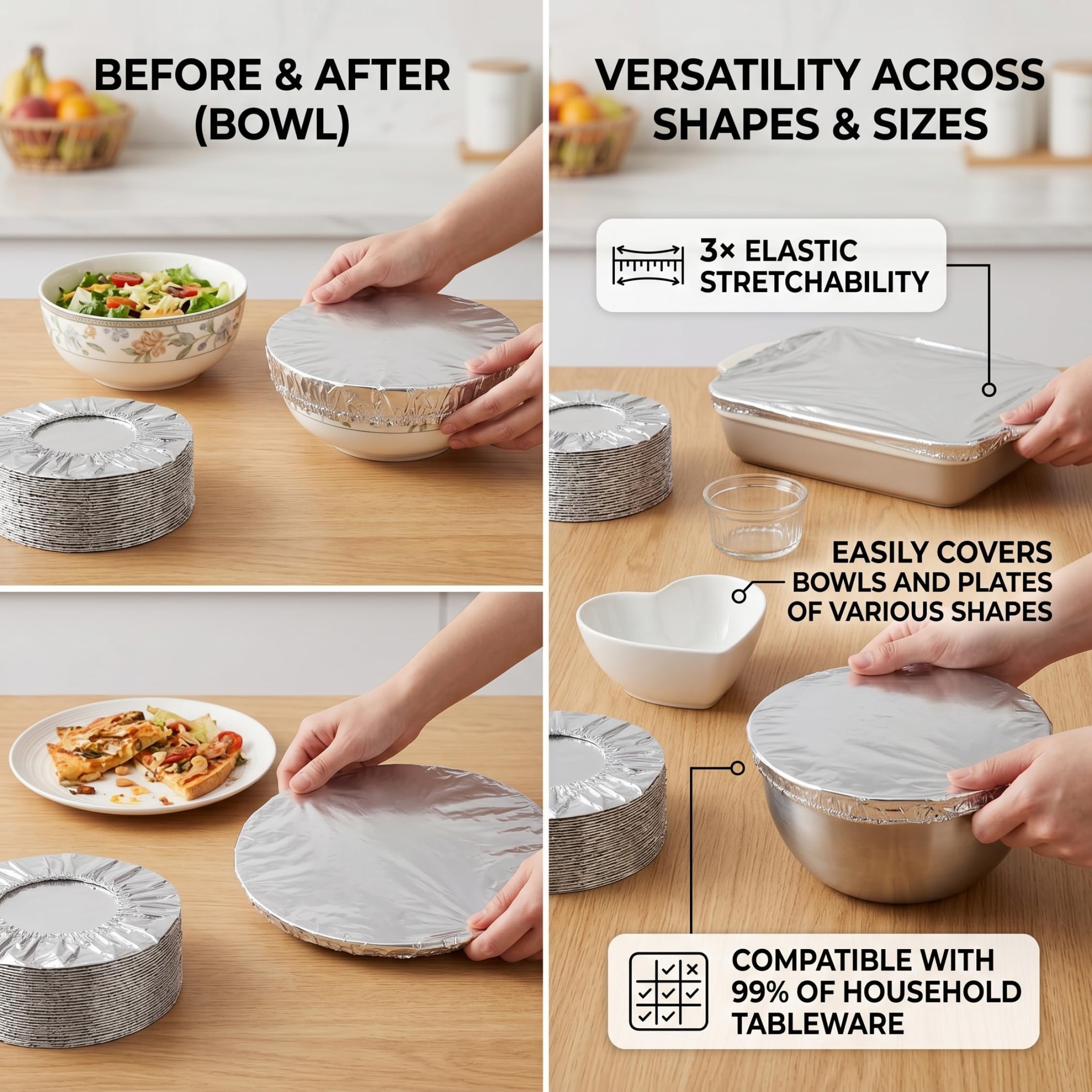 Coperture per Alimenti, Coperchi per Alimenti Riutilizzabili in Foglio di Alluminio, Copertura Elastica per Microonde da 90 Pezzi, Foglio di Stagno di Grado Mantenimento del Calore per Cucina Domesti