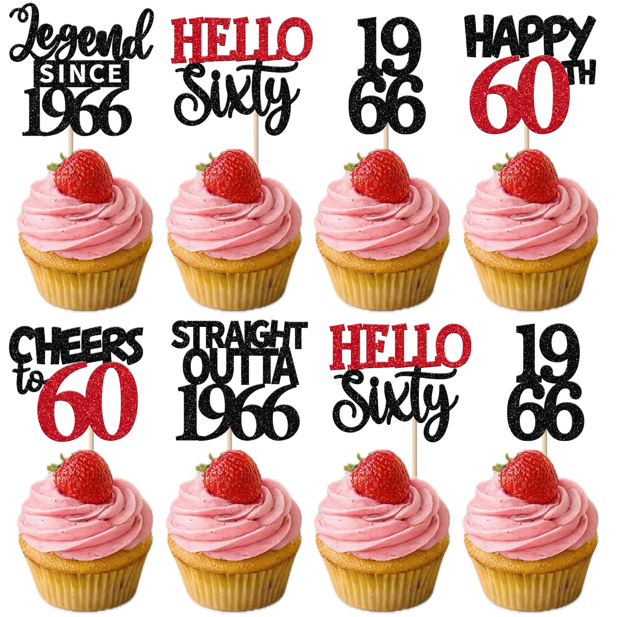 Xsstarmi 24 Pack 60th Birthday Cupcake toppers Black Red Glitter Straight Outta 1966 Cupcake Picks for Hello sixty Legend Since 1966 Birthday Party Cake Decorations Supplies