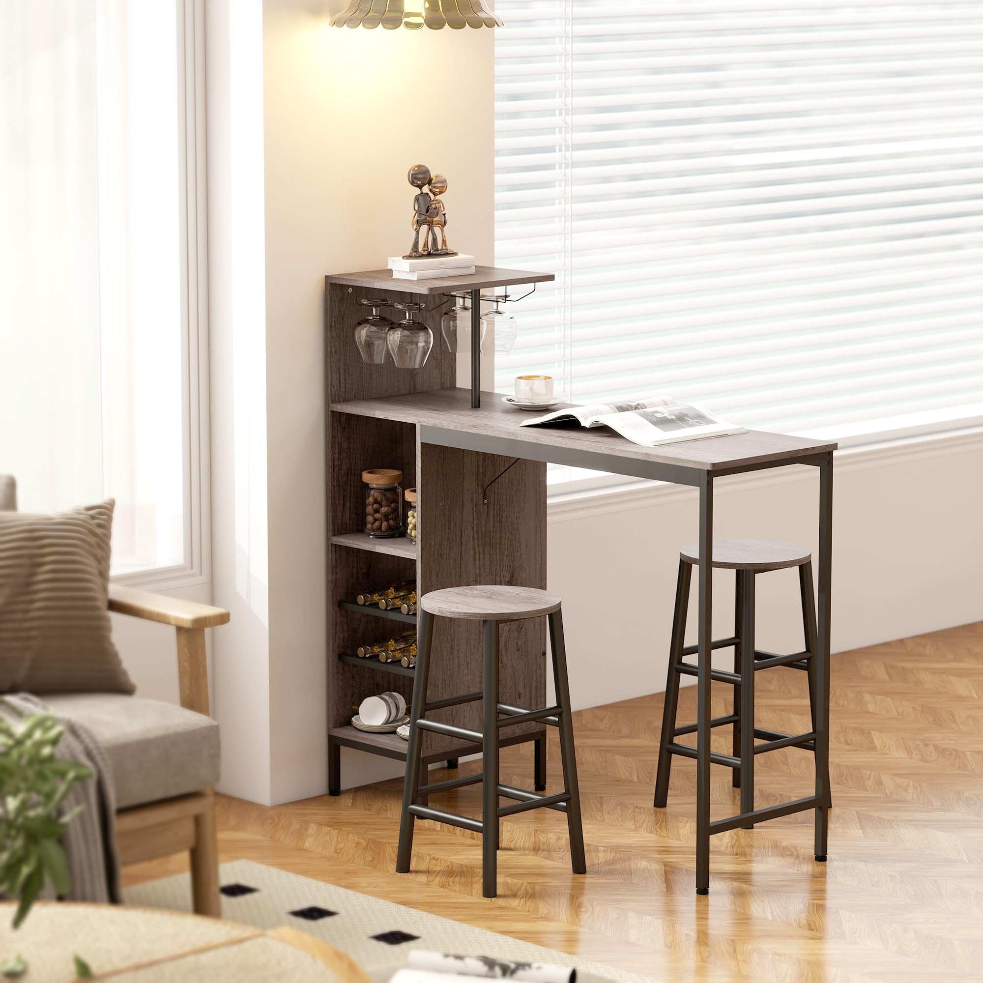 HOMCOM Bartisch mit Barhocker Set Tresentisch mit 2 Stühlen mit Fußstütze, Esstisch mit Weinglashalter, Ablage, Weinregal, Industrial Bartisch Set für Esszimmer, Kleine Raum, Grau