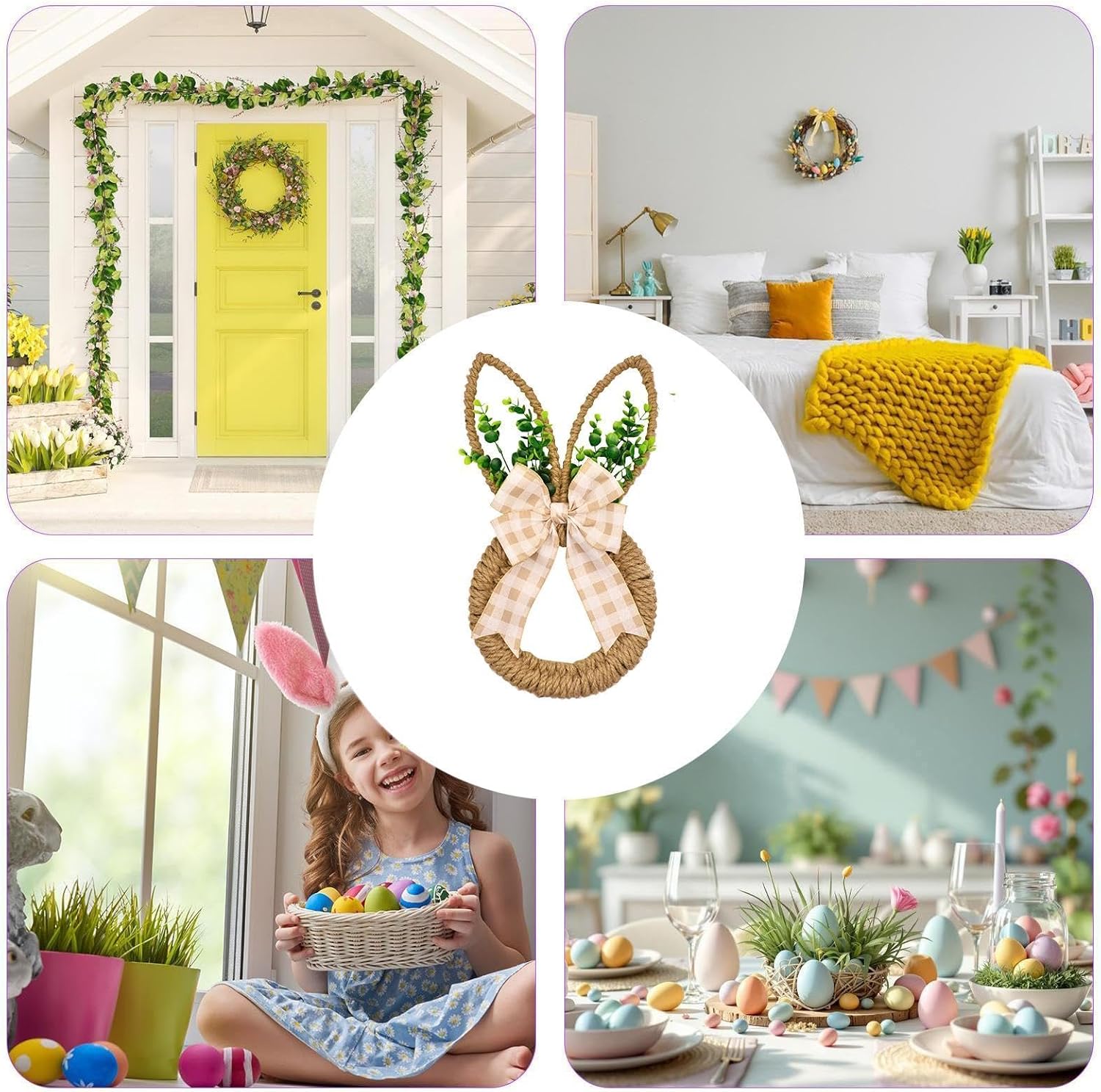 Easter Bunny Shaped Wreath, Rabbit Shape Bow Welcome Decor, Easter Wreath, for Outdoor Indoor Home Window Wall Living Room Bedroom Spring Holiday
