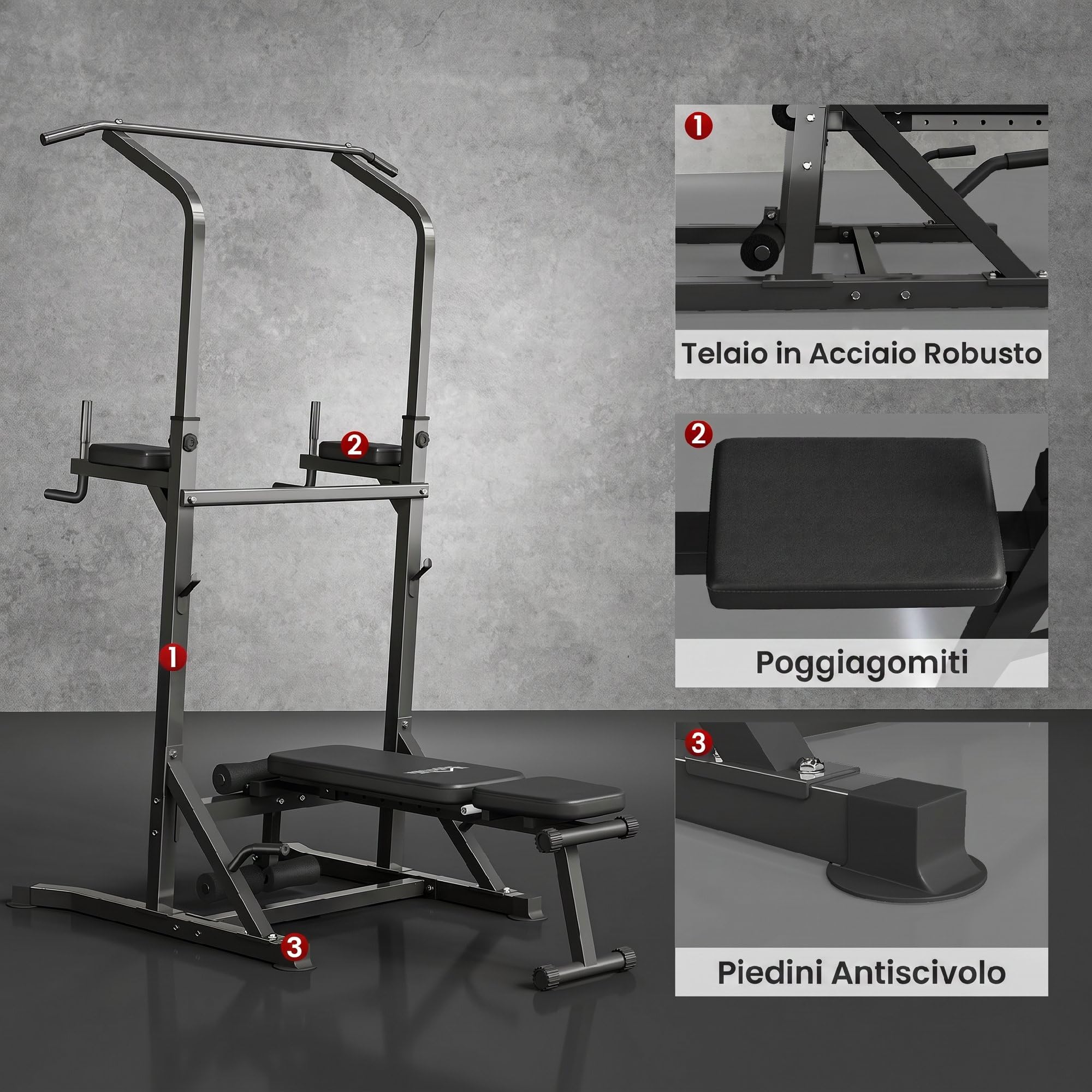 HOMCOM Power Tower Pieghevole, Panca Piana Regolabile, Rack Palestra