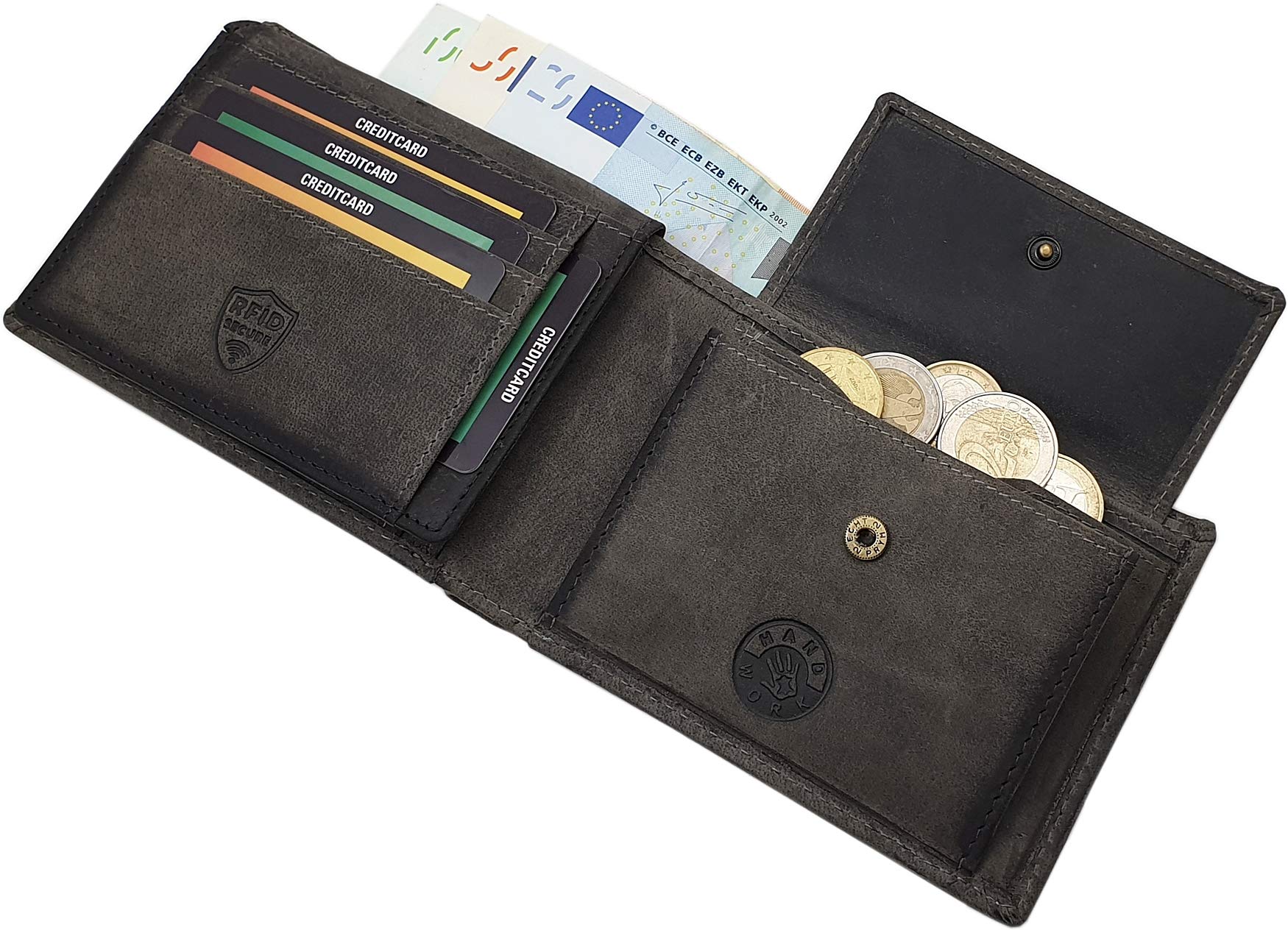 Portfel z Prawdziwej Skóry Bawolej / Portmonetka w Formacie Poziomym z Motywem Trupiej Czaszki, Ochroną RFID i NFC, Kolor Brązowy lub Szary, Einheitsgröße