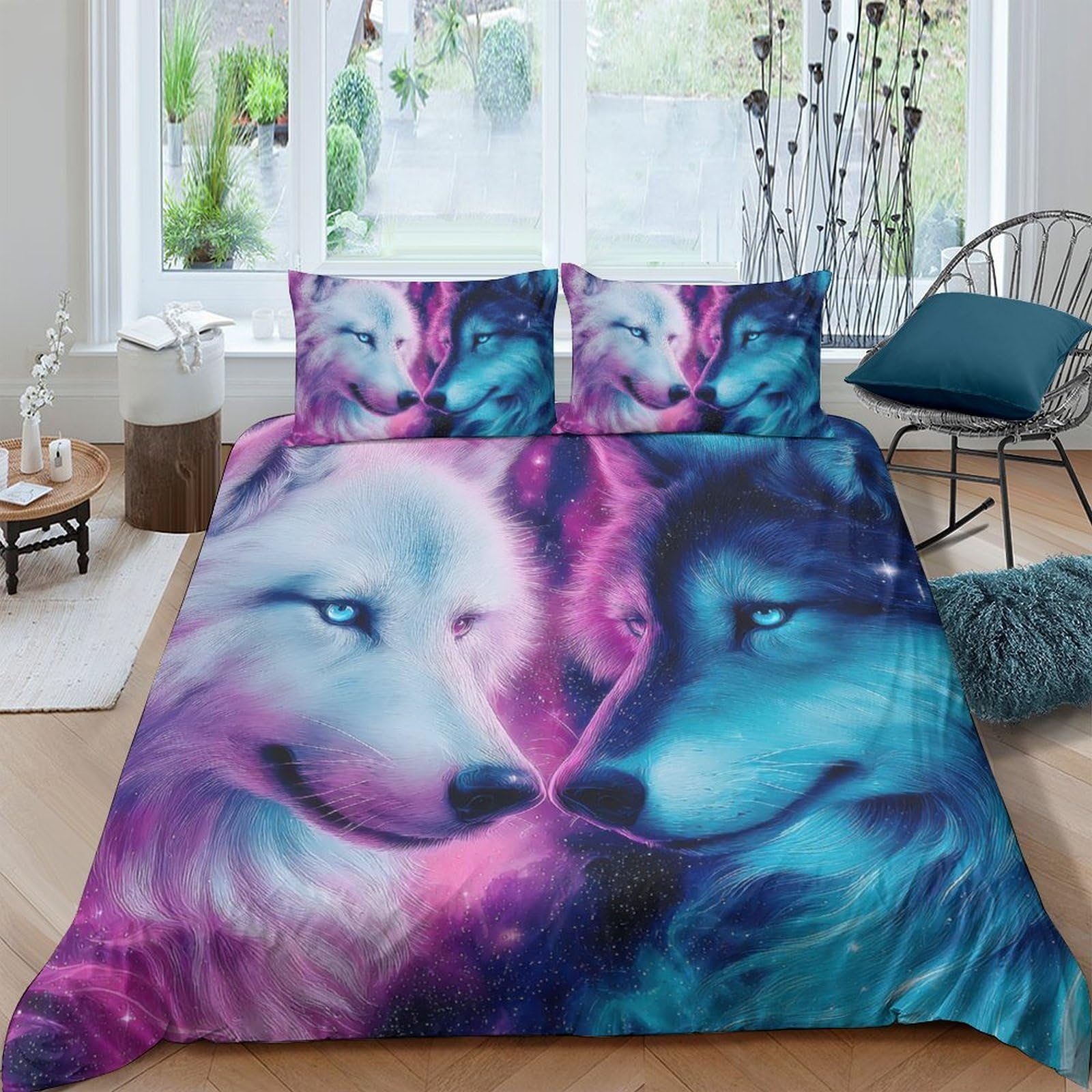 Ctjqhvkz Style-9 3D Printed Wolf Galaxy Fitted Sheet Microfiber Soft Breathable Nebula Mattress Cover For Bedroom Dorm Room Decor Single（135X200cm）