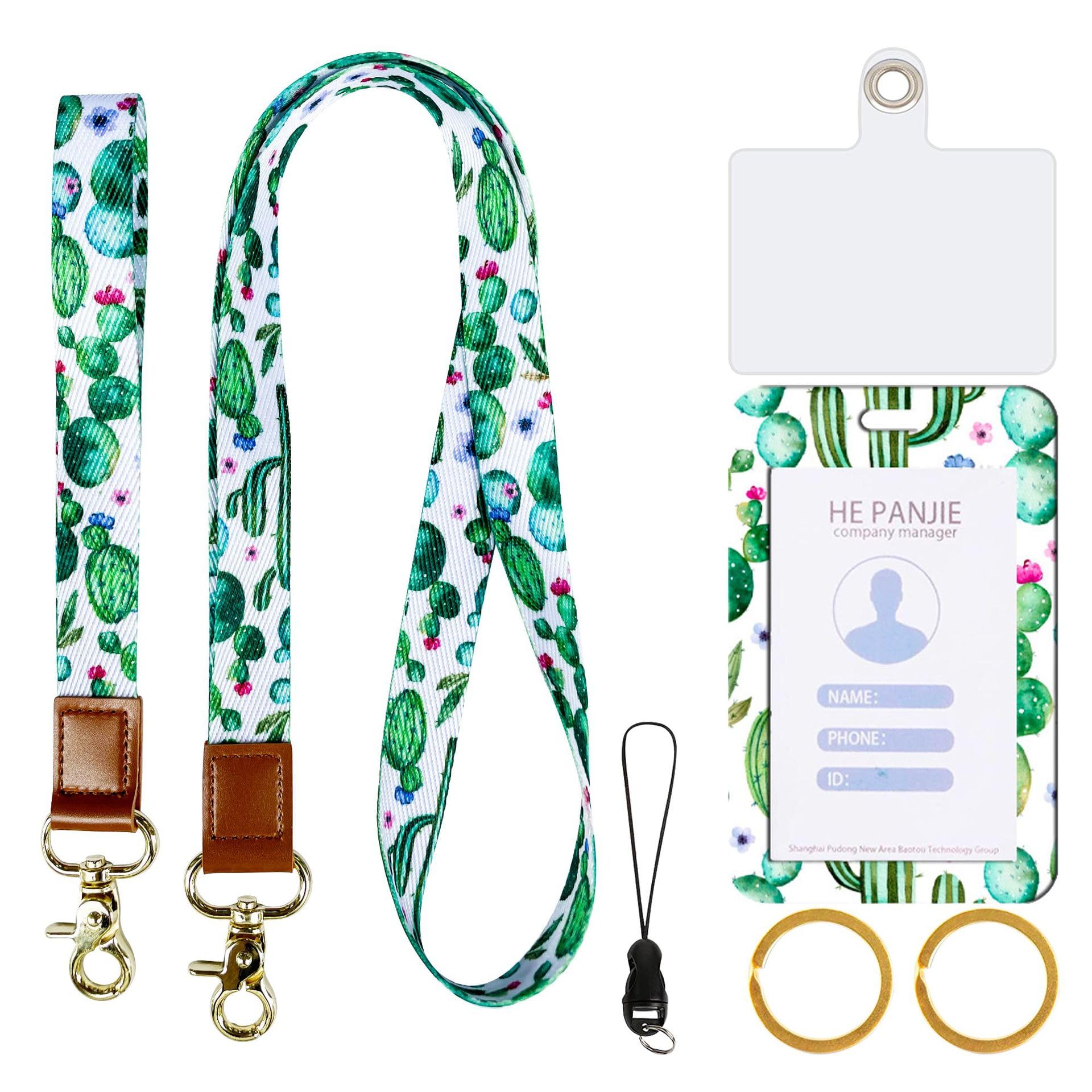 2 Set Lanyard for ID Badge and Keys, Thickened Polyester Webbing Leopard Print Cow Print Floral Print Card Sleeve PVC Transparent Phone Pad Hanging Rope(1 Cactus)
