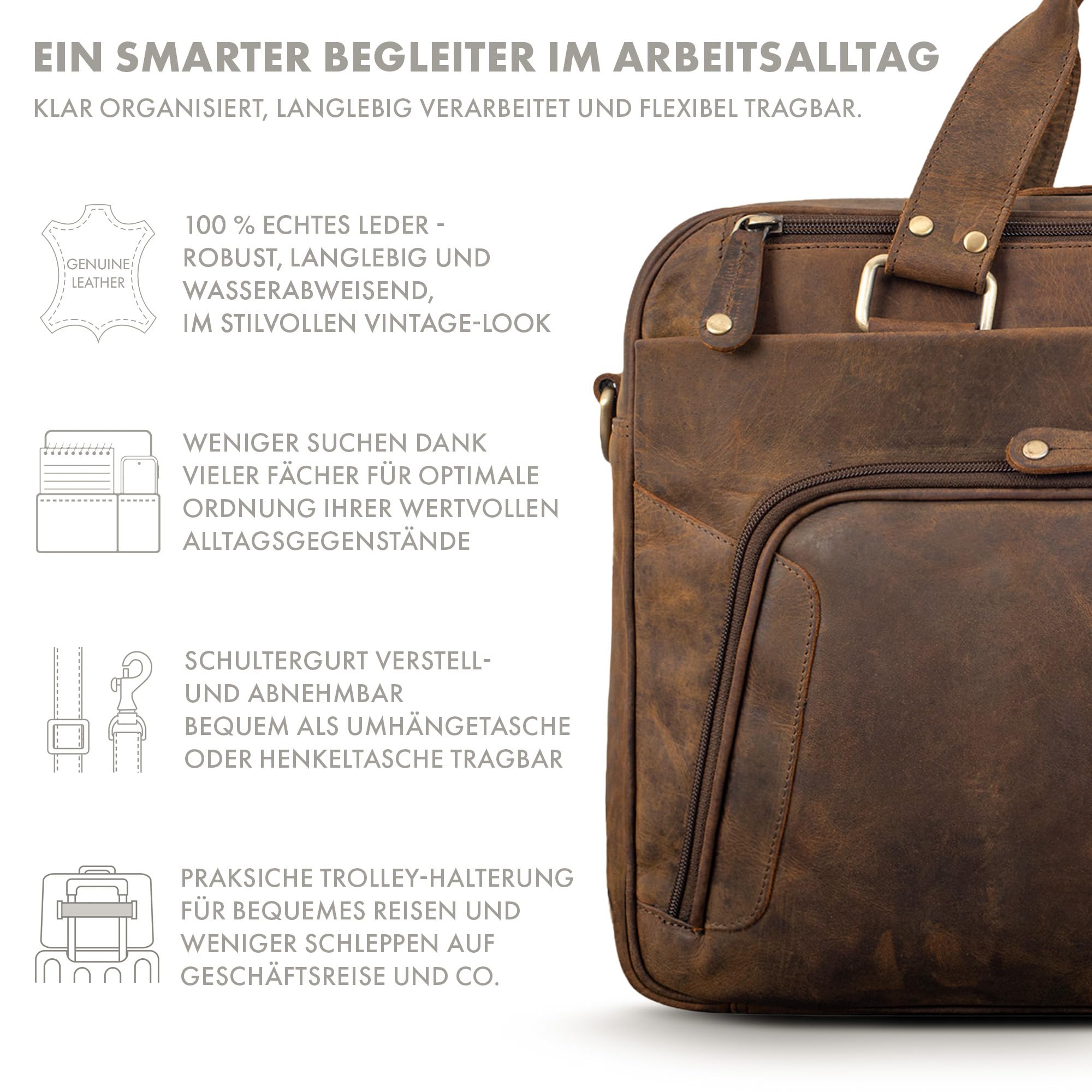 ROYALZ "Chicago Leder Umhängetasche Herren Laptoptasche 15.6 Zoll Messenger Bag Ledertasche groß Aktentasche Vintage Businesstasche für Männer Echtleder;Farbe:Schwarz