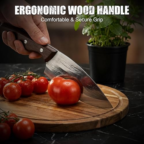 Miniatura 4 de ENOKING Cuchillo vikingo de 5.9 pulgadas para cortar carne, cuchillo de chef hecho a mano con mango de madera de espiga completa y funda de cuero