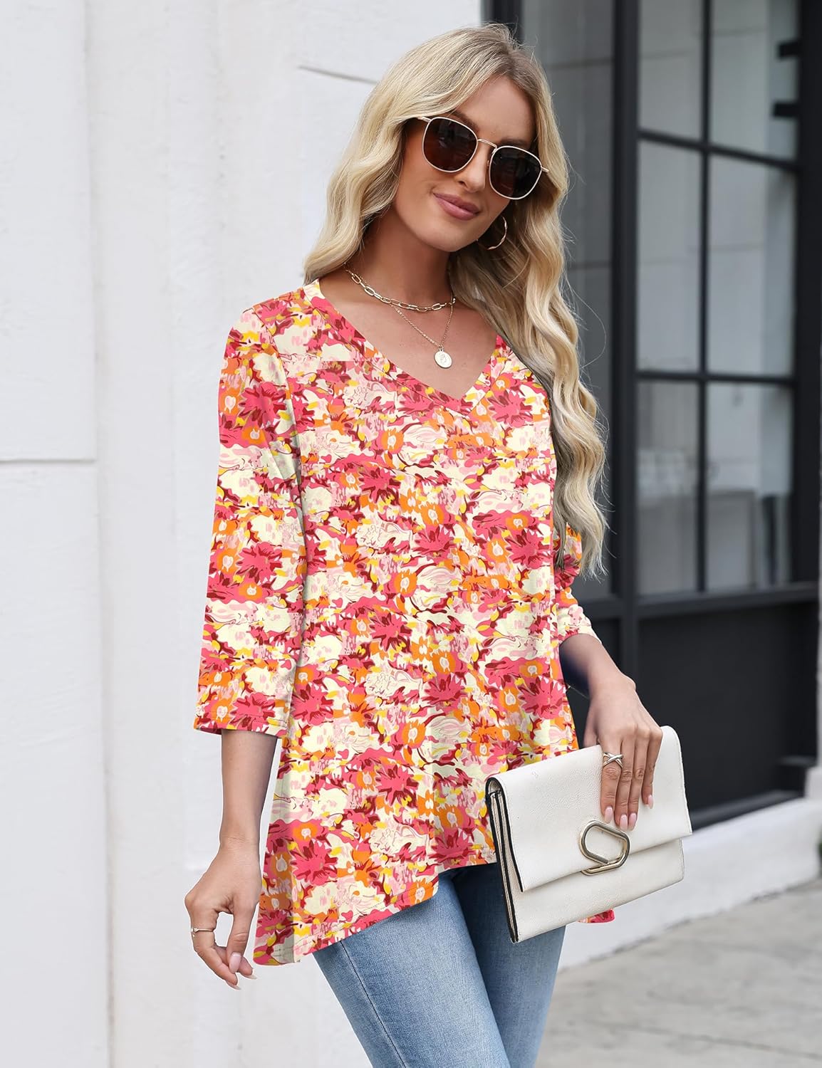 LUYAA 3/4 Length Sleeve Womens Tops V Neck Loose Fit Dressy Casual Blouse Flowy Shirts Plus Size Womens Clothing S-3XL - Image 3