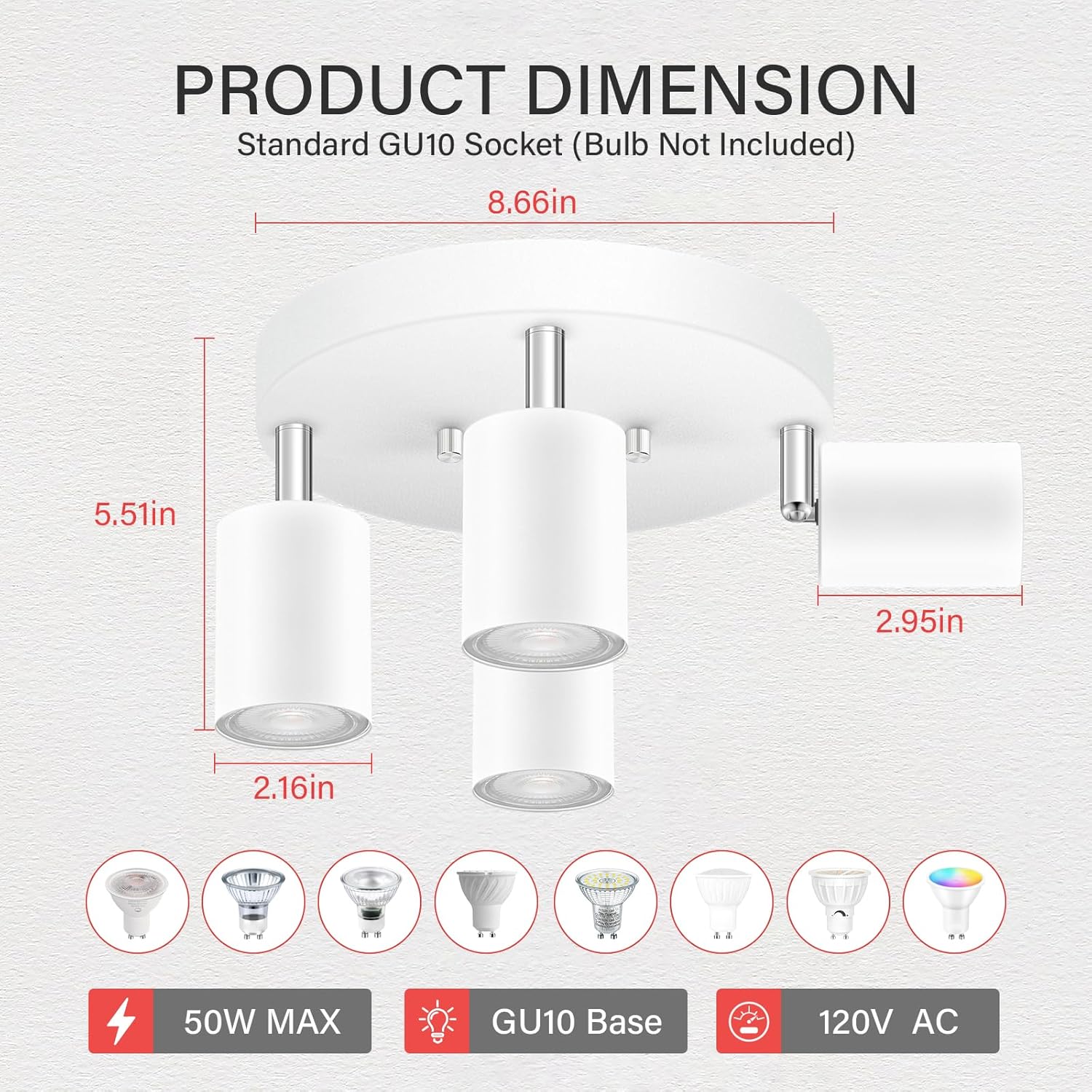 BoostArea LED 4 Light Track Lighting Kit, LED Track Lighting Fixtures, White Round Ceiling Spot Lighting, Flexibly Rotatable Light Head for Kitchen, Living Room, Bedroom, GU10 Bulb Not Included