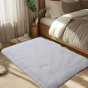 Zentavio Area Rugs for Living Room Small Carpet for Bedroom 3x5 Bedside Washable Soft Fluffy Shag Aesthetic Plush High Pile Throw Rug for Nursery Kids Room Dorm Room White