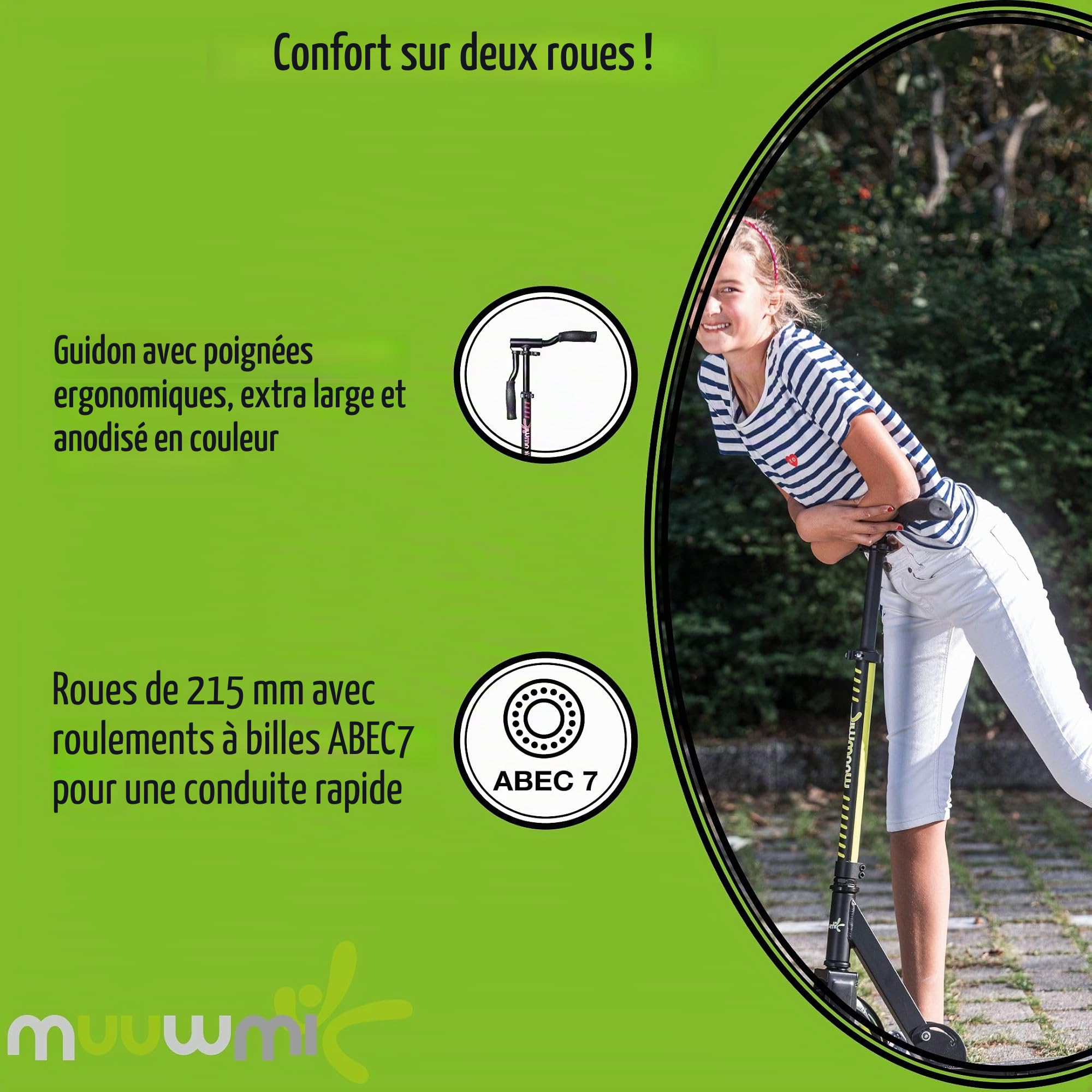 muuwmi - Trottinette Pro en Aluminium - 215 mm - ABEC 7 - Homologuée GS - Hauteur réglable - Plateau XL - Guidon BMX