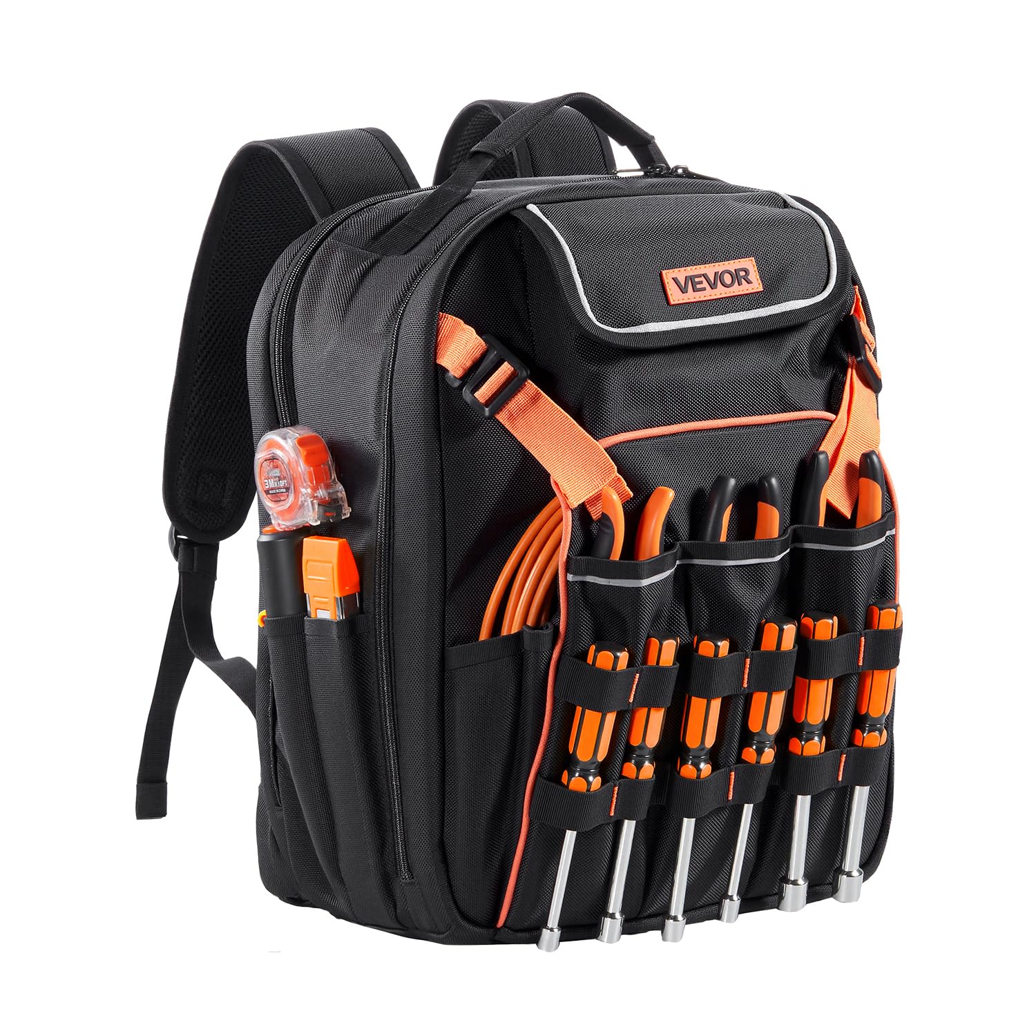 VEVOR Sac à Dos à Outils, Charge 22,7 kg, Sac à Outils, 33x22x44 cm, avec 45 Poches, Compartiment Ordinateur Portable, Base Stable, Organisateur à Outil Robuste pour Chantier, Électricien, Réparateur