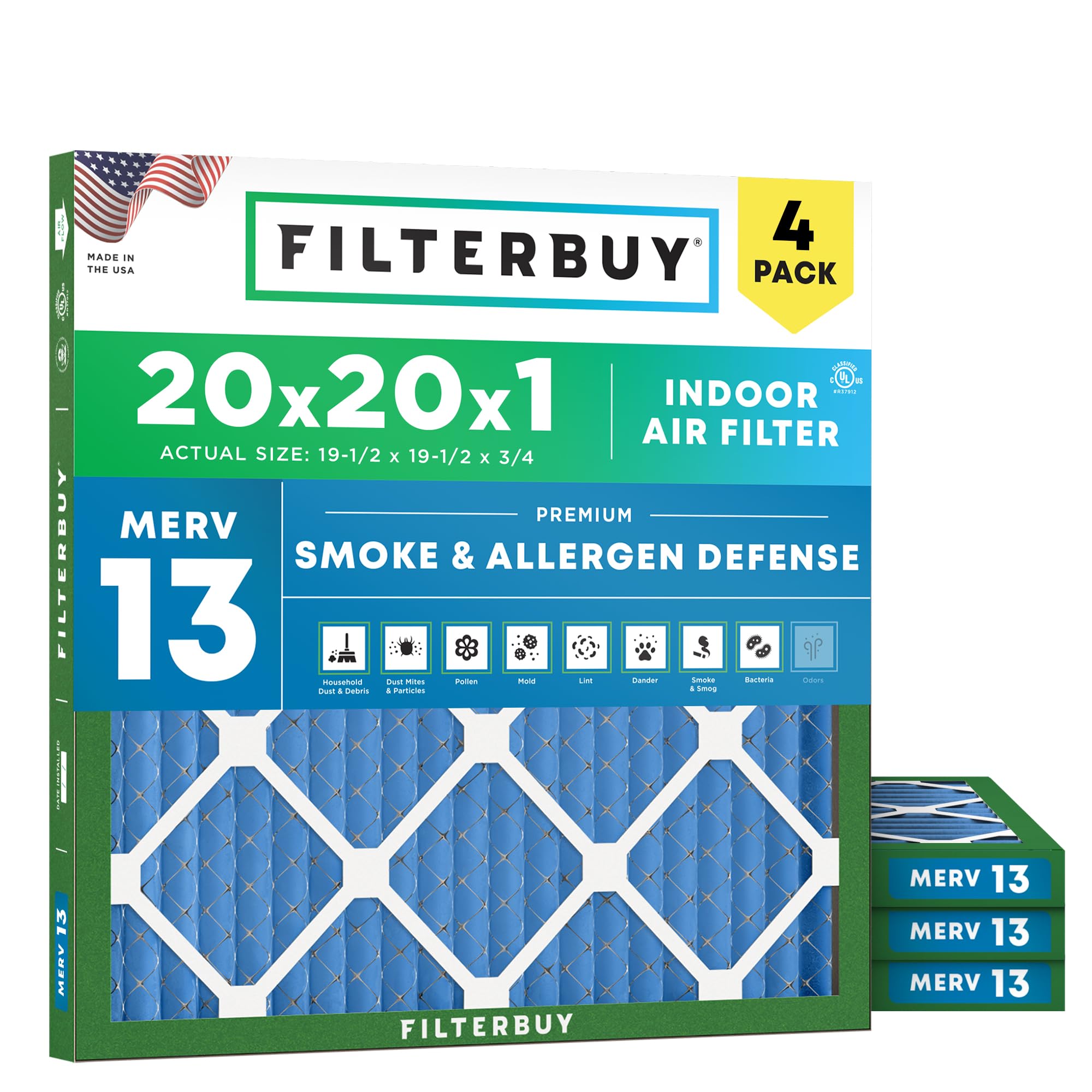 Filterbuy 20x20x1 Air Filter MERV 13 Smoke &amp; Allergy Defense (4-Pack)