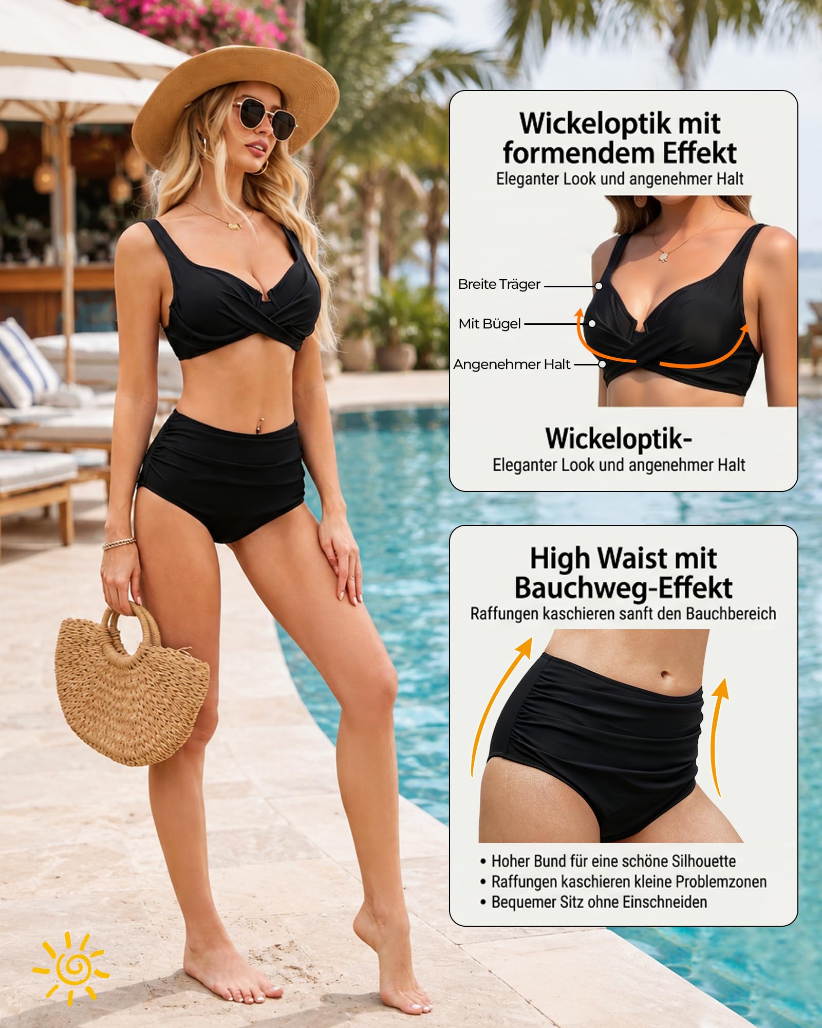 Conjunto de bikini para mujer, cintura alta, push-up, bikini con aros, aspecto envolvente, cuello en V, tirantes ajustables, traje de baño de dos piezas S-XXL