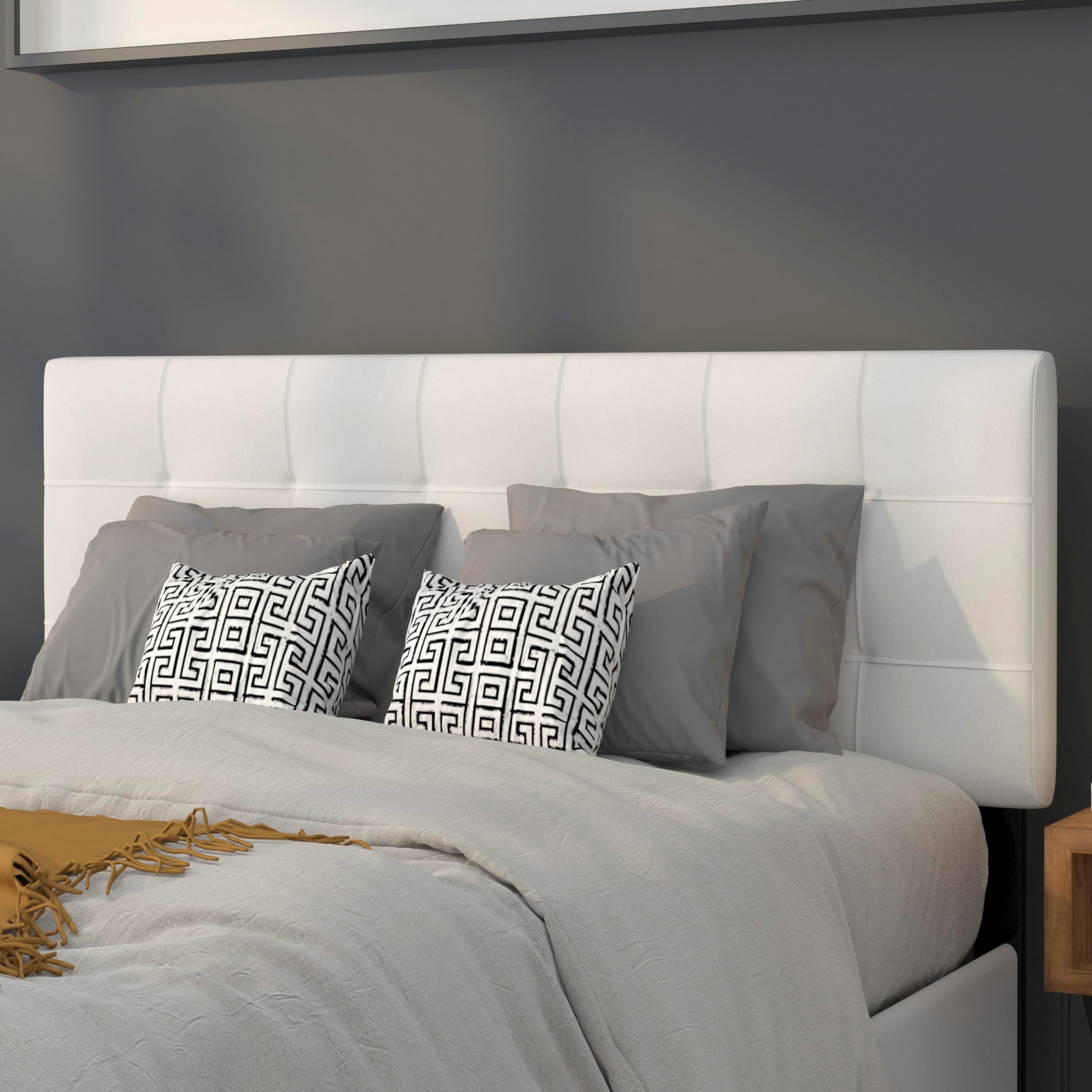 Bedford Box Stitch Tufted Upholstered Full Size Headboard in White Fabric