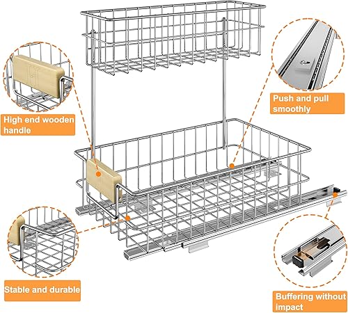 Miniatura 5 de RITSU Organizador de gabinete extraíble, estante de almacenamiento deslizante debajo del fregadero con cajón de alambre deslizante de 2 niveles,