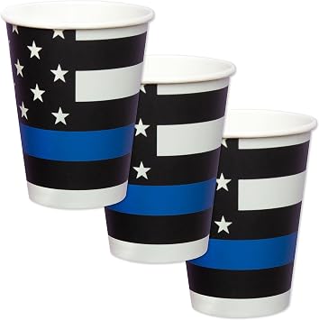 Havercamp Police Thin Blue Line Cups-32 Pack-12 Oz-Heavy Duty Paper | Set of 32 heavyweight paper cups with Thin Blue Line design for police retirements, birthdays, and community celebrations.
