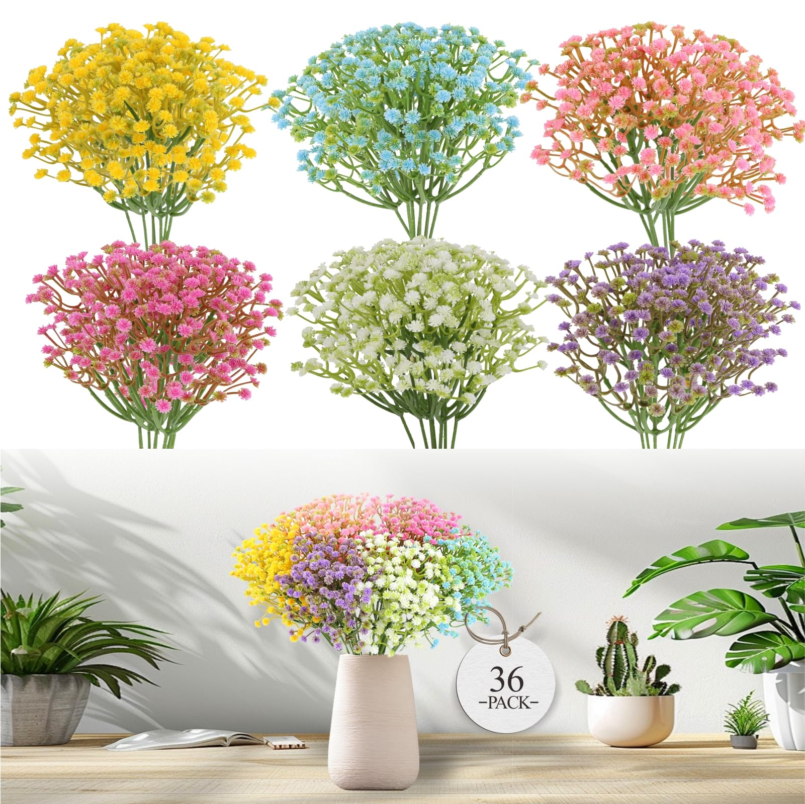 Babys Breath Artificial Flowers Fake Babys Breath Flowers Artificial Bulk, 36PCS Realistic Faux Babies Breath Gypsophila Bouquet Flores Artificiales para Decoracion for Wedding Party Home Decor