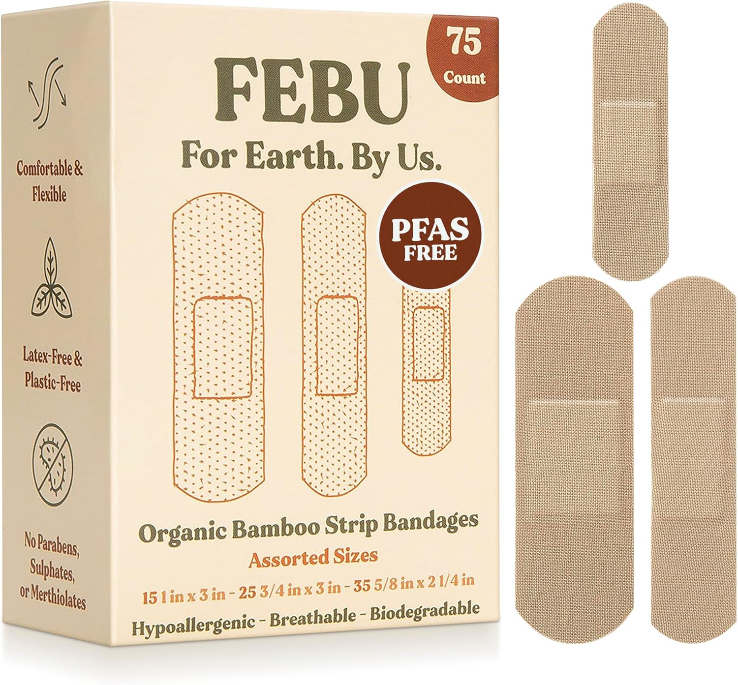 FEBU Eco-Friendly Organic Bamboo Fabric Bandages | PFAS Free Flexible Fabric Bandages | Latex Free Bandage | Natural Hypoallergenic Bandage for Scrapes, Cuts & First Aid | 75 Count Pack