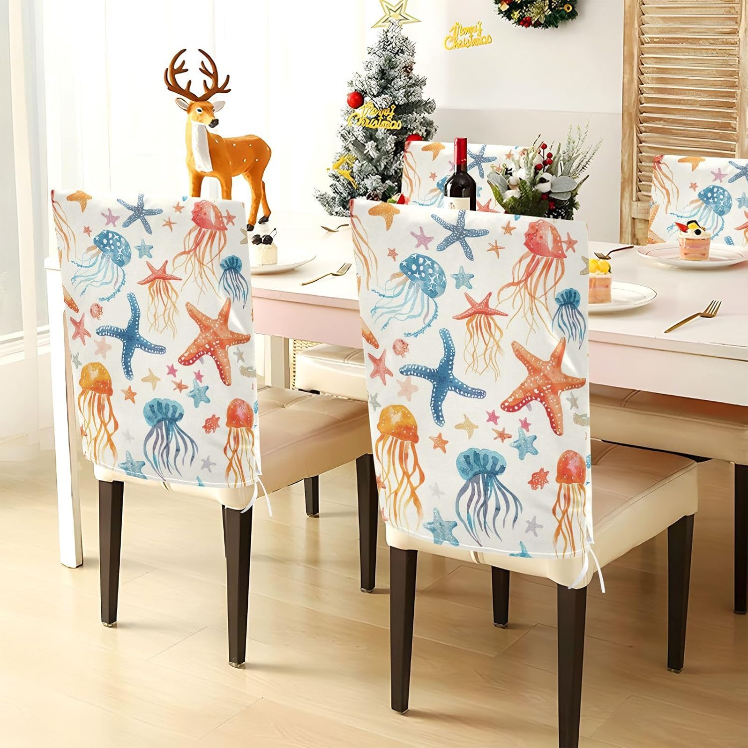 ALAZA Jellyfish Starfish Chair Back Cover Set of 6, Washable Reusable Removable Chair Slipcovers Decorative Chair Cover for Home Kitchen Wedding Party