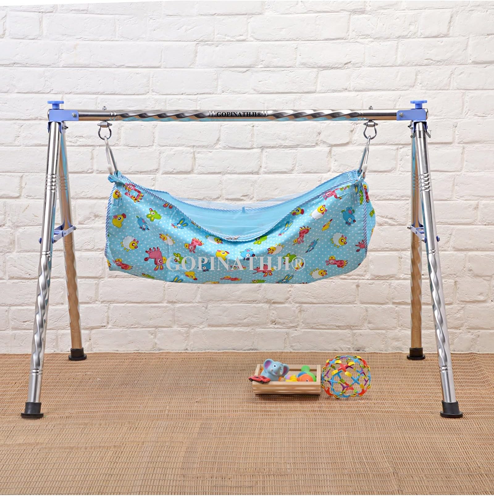 GOPINATHJI? Foldable Cradle with Round Frame Baby Cradle N Swing Ghodiyu with Indian Style Hammock Having Mosquito Net for New Born Infants,Blue