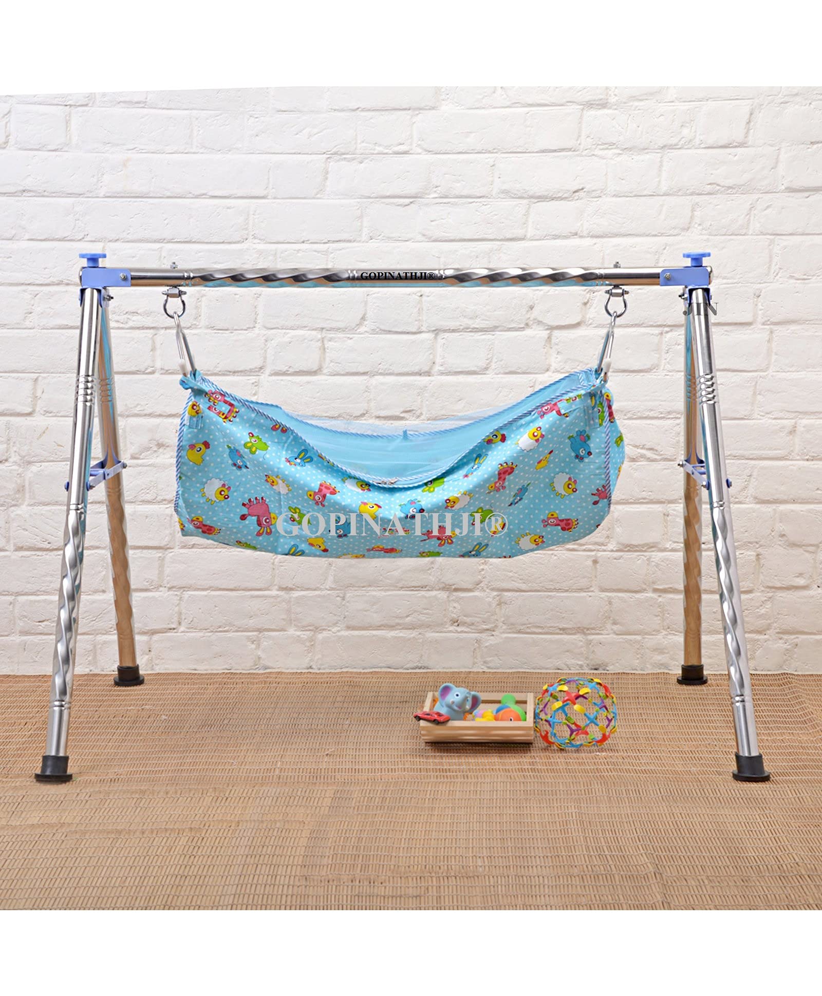 GOPINATHJI? Foldable Cradle with Round Frame Baby Cradle N Swing Ghodiyu with Indian Style Hammock Having Mosquito Net for New Born Infants,Blue