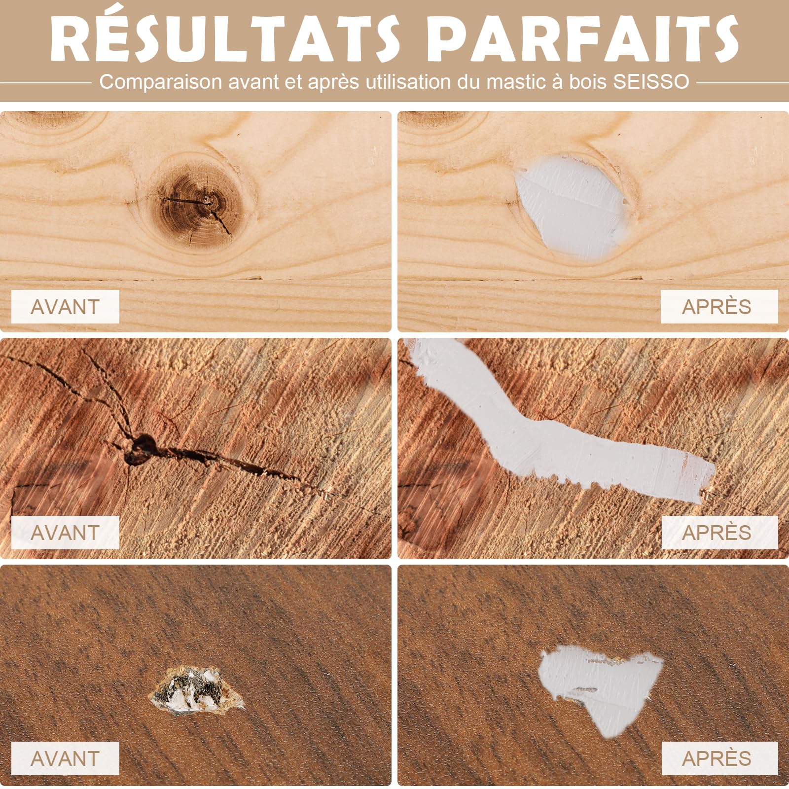 SEISSO Mastic à Bois Blanc 500g, Kit de Réparation de Parquet Imperméable à l'eau pour l'extérieur - Restauration de Tables en Bois, d'armoires, de Planchers et de Portes en Bois