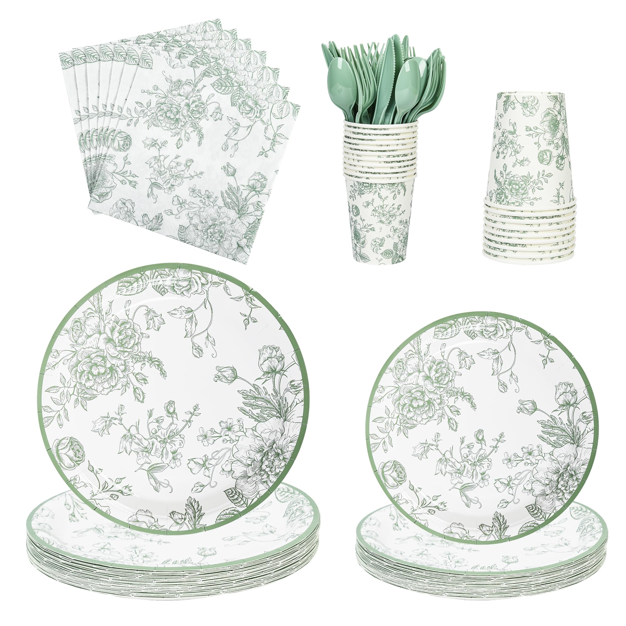 175Pcs Sage Green Floral Paper Plates and Napkins 25 Guests Green Toile Chinoiserie Party Supplies Set Include Plates Napkins Cups Spoons Forks Knives for Birthday Wedding (175, Sage Green Floral)
