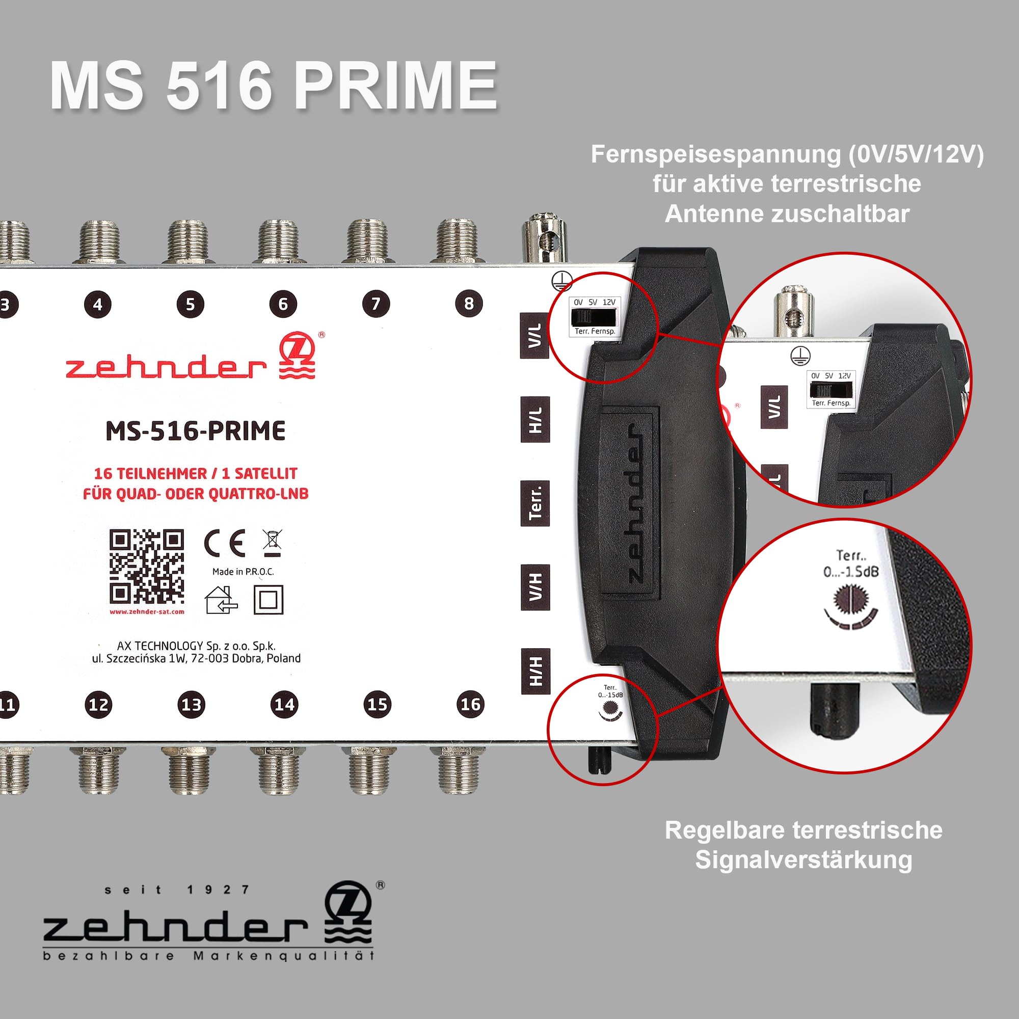[ Test très bien *] Commutateur multiple ZEHNDER 5/16 pour LNB Quattro & Quad LNB, commutateur multiple pour 1 satellite et 16 participants (TV, récepteur satellite), répartiteur satellite numérique