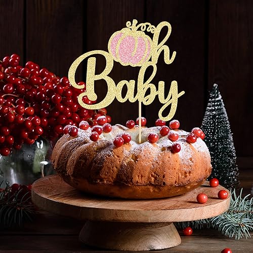 Miniatura 5 de Gyufise 1 paquete de decoración de pastel de calabaza Oh Baby con purpurina rosa, tema de otoño, calabaza, niña, baby shower, decoración para baby