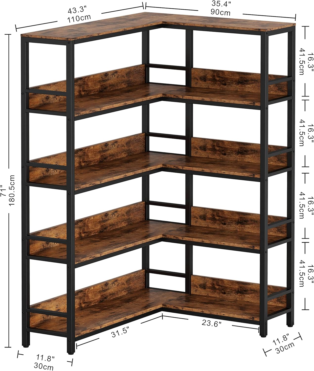 Buy IRONCK Industrial Bookshelves 5 Tiers Corner Bookcases with Baffles