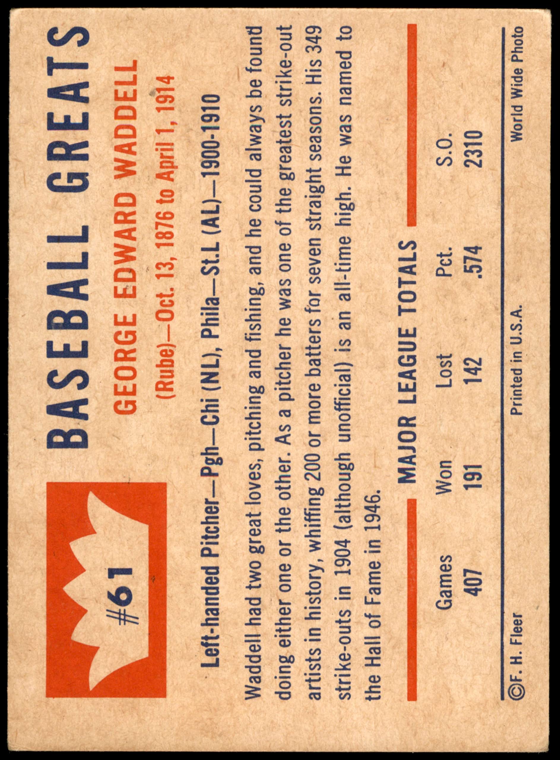 Amazon.com: 1960 Fleer # 61 Rube Waddell Philadelphia Athletics (Baseball  Card) VG/EX Athletics : Collectibles & Fine Art