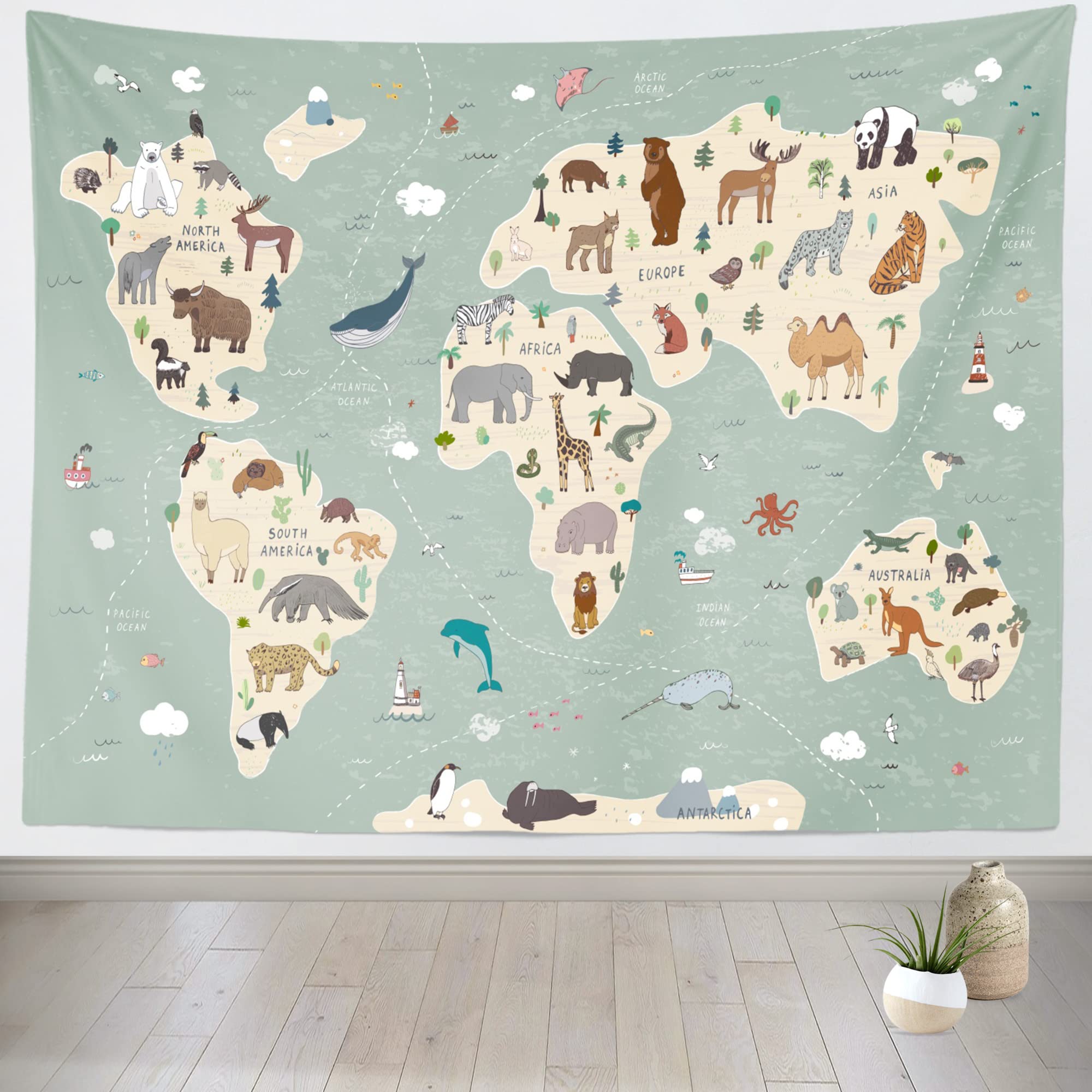 Loccor Kids World Map Tapestry Cartoon Animal Kids Educational Geography Learning Tools Tapestry Wall Hanging Children Wall Hanging Bedroom Living