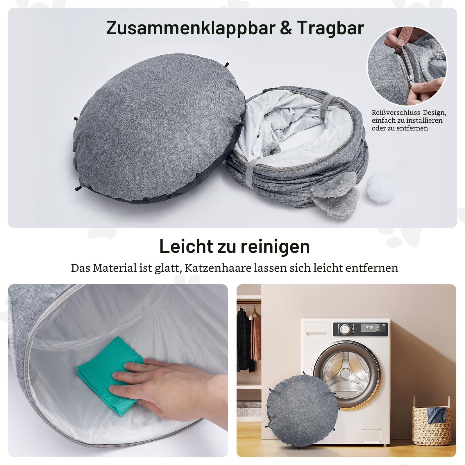 Odoland Katzen Tunnel mit Bett, Klappbares Haustier Donut Tunnel Bett aus Leinen, Interaktives Katzen Spielzeug mit Ball Rascheltunnel für Kätzchen Kaninchen Welpen Kleintiere