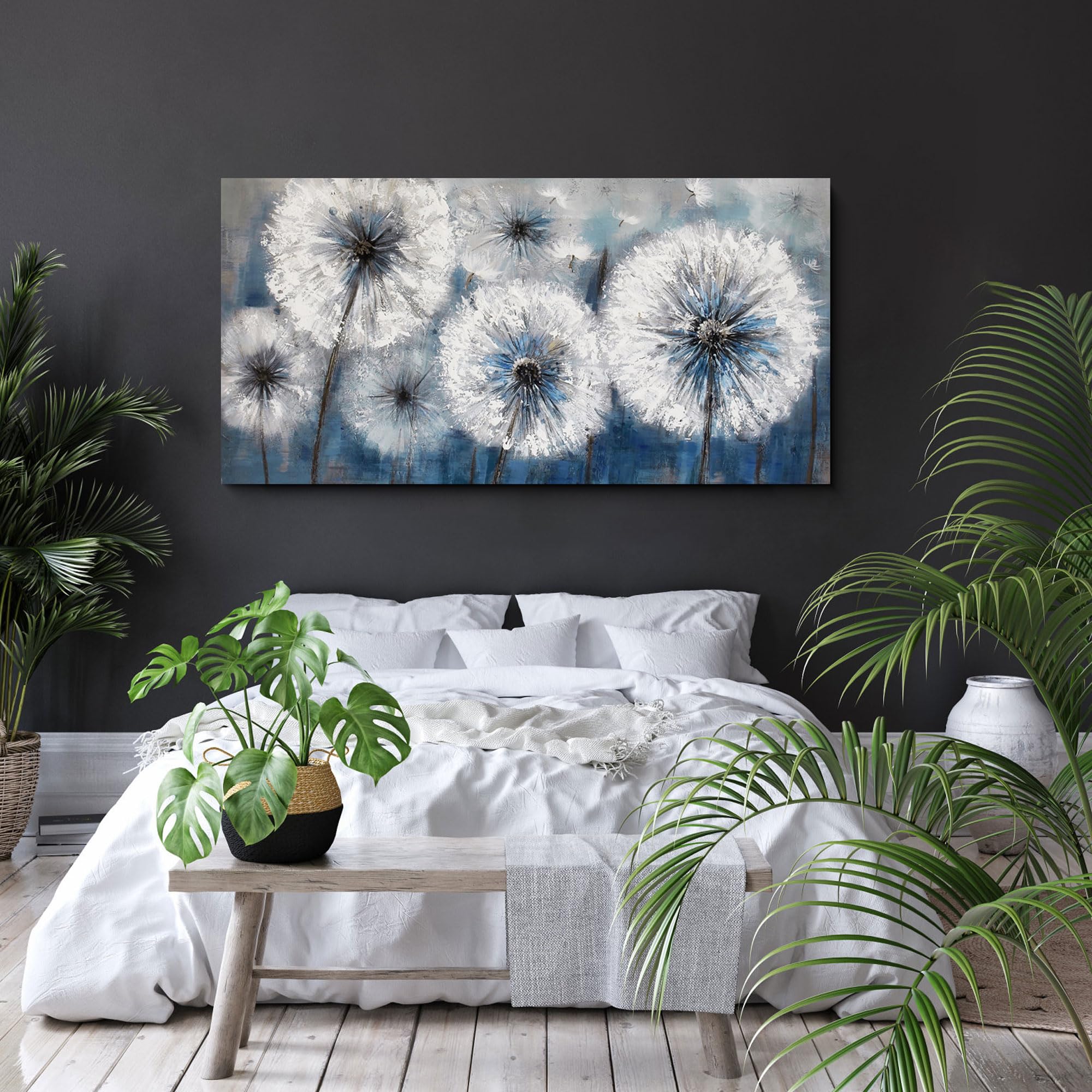KLAKLA Dandelion Wall Art for Bedroom - Hand Painted to Add a Bumpy Effect - Sturdy Wood Frame Artwork & 48x24 Inches Blue and White Living Room Wall Decor