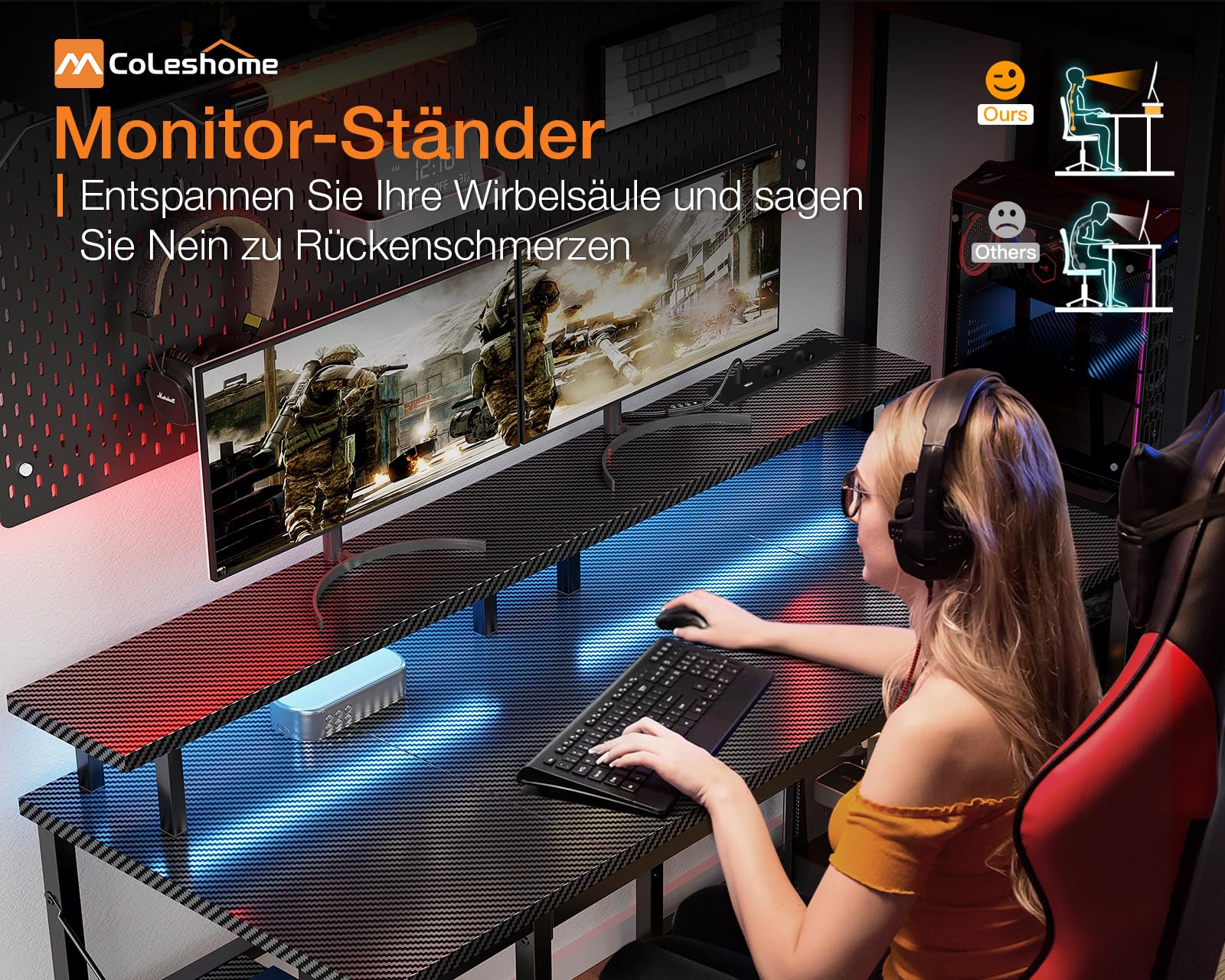 Coleshome Gaming Tisch mit LED-Beleuchtung, 120x50cm Gaming Schreibtisch mit 2 Steckdosen & 2 USB-Anschlüssen, Computertisch mit Monitorständer & Stauraum, Home Office Schreibtisch, Schwarz