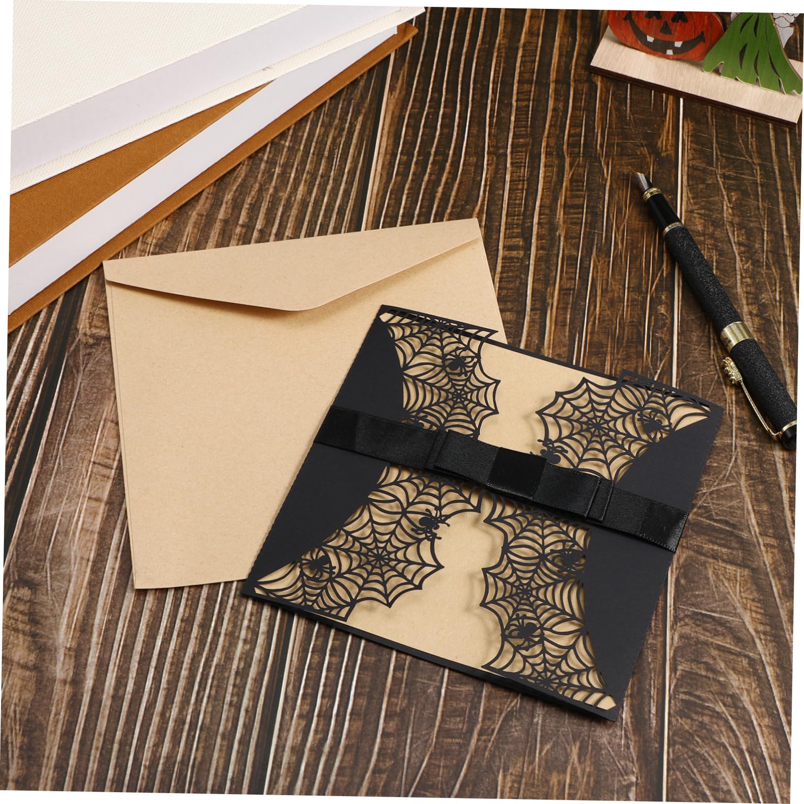 5er-set Einladungskarten Mit Muster Und Schleife Schwarze Papierumschläge Für Halloween-treffen 10 Stück * 5
