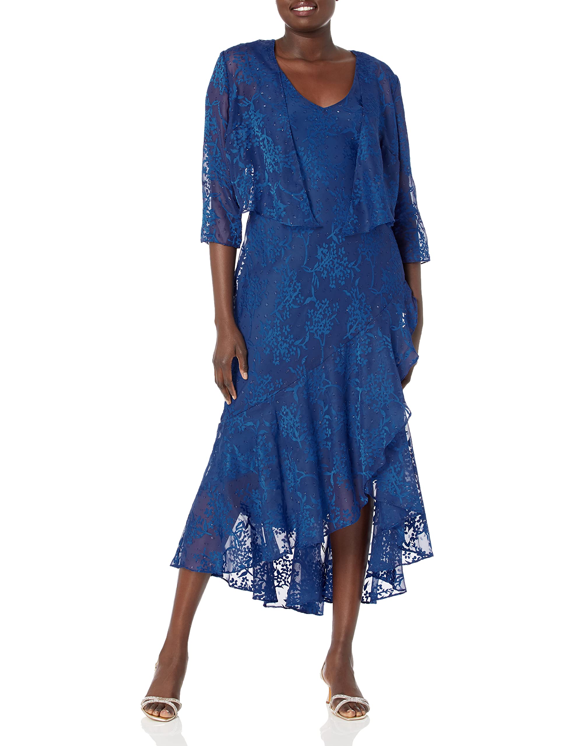 Alex EveningsWomen's Sleeveless Printed Chiffon Midi Spring/Summer Mother of The Bride Dress with Jacket & High-Low Hemline