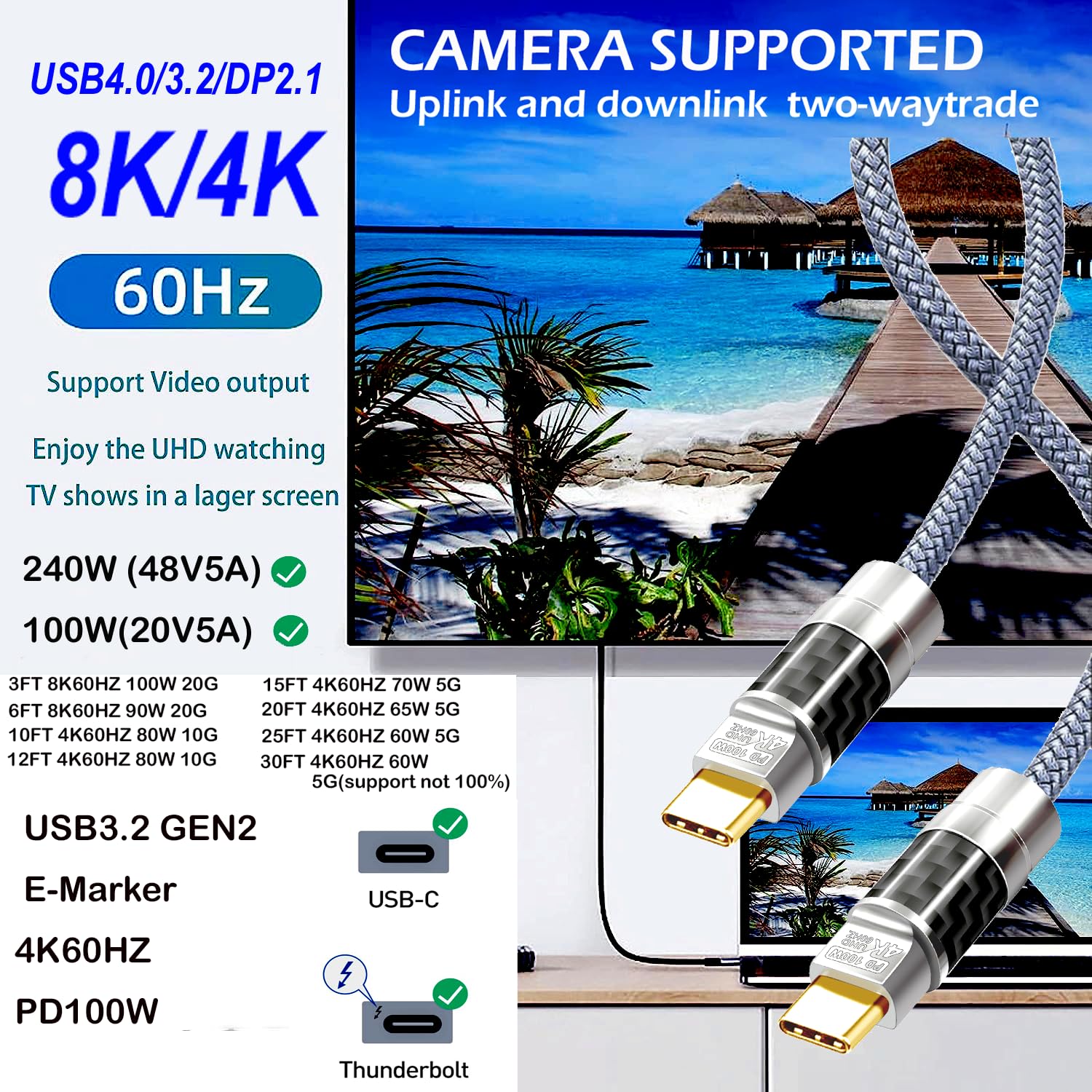 USB C to C Cable 30FT,100W 4K60HZ Type C GEN2x2(Data usb2.0),USB C Video Output From USB3.2/ USB4.0 Fast Charging & Sync for Xreal MacBook Pro iPad Pro iPhone 15 Pro Galaxy S22 Portable Monitor