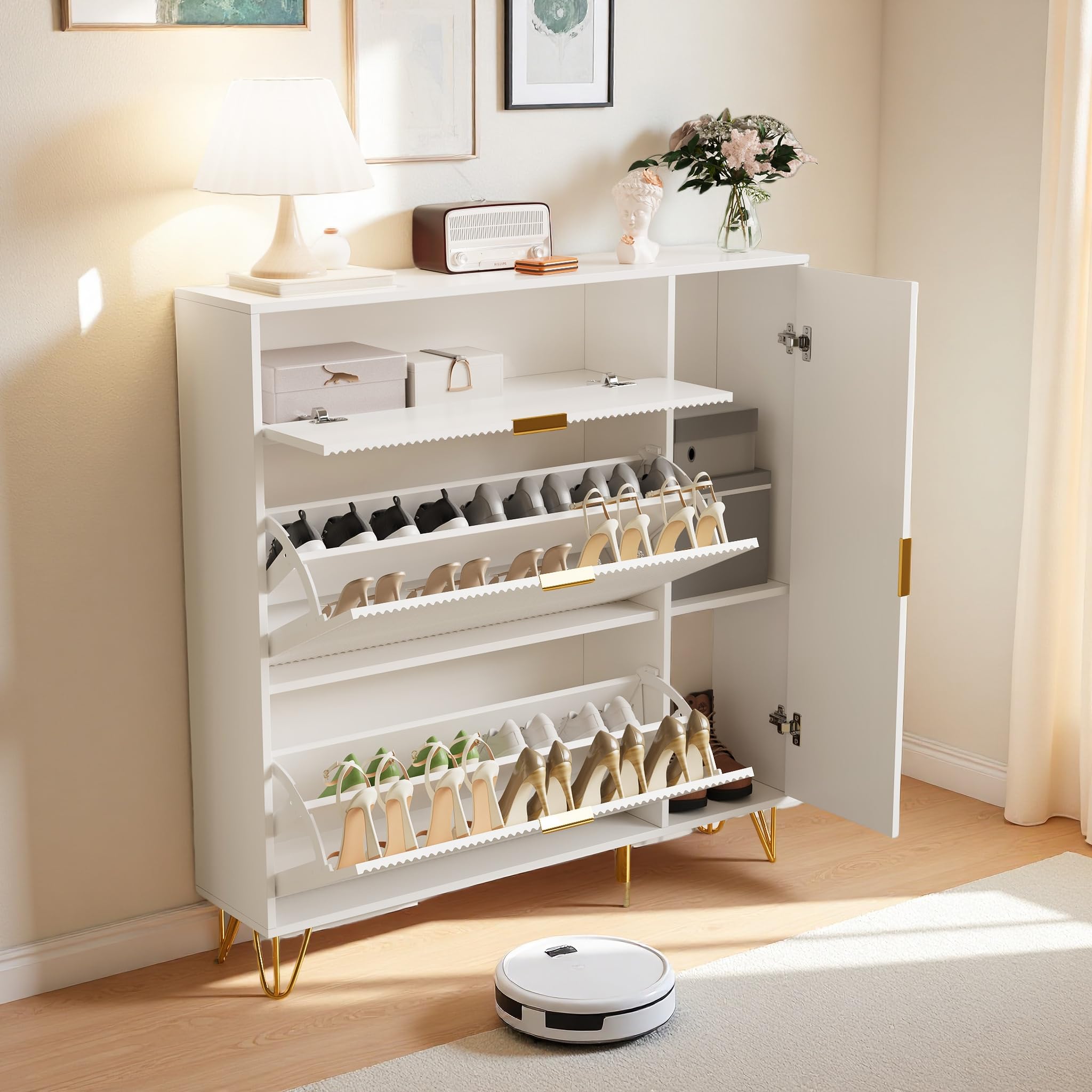 Scarpiera sottile con 5 scomparti, 3 ante, design anti-ribaltamento, colore bianco, 24 x 110 x 111,5 cm, salvaspazio