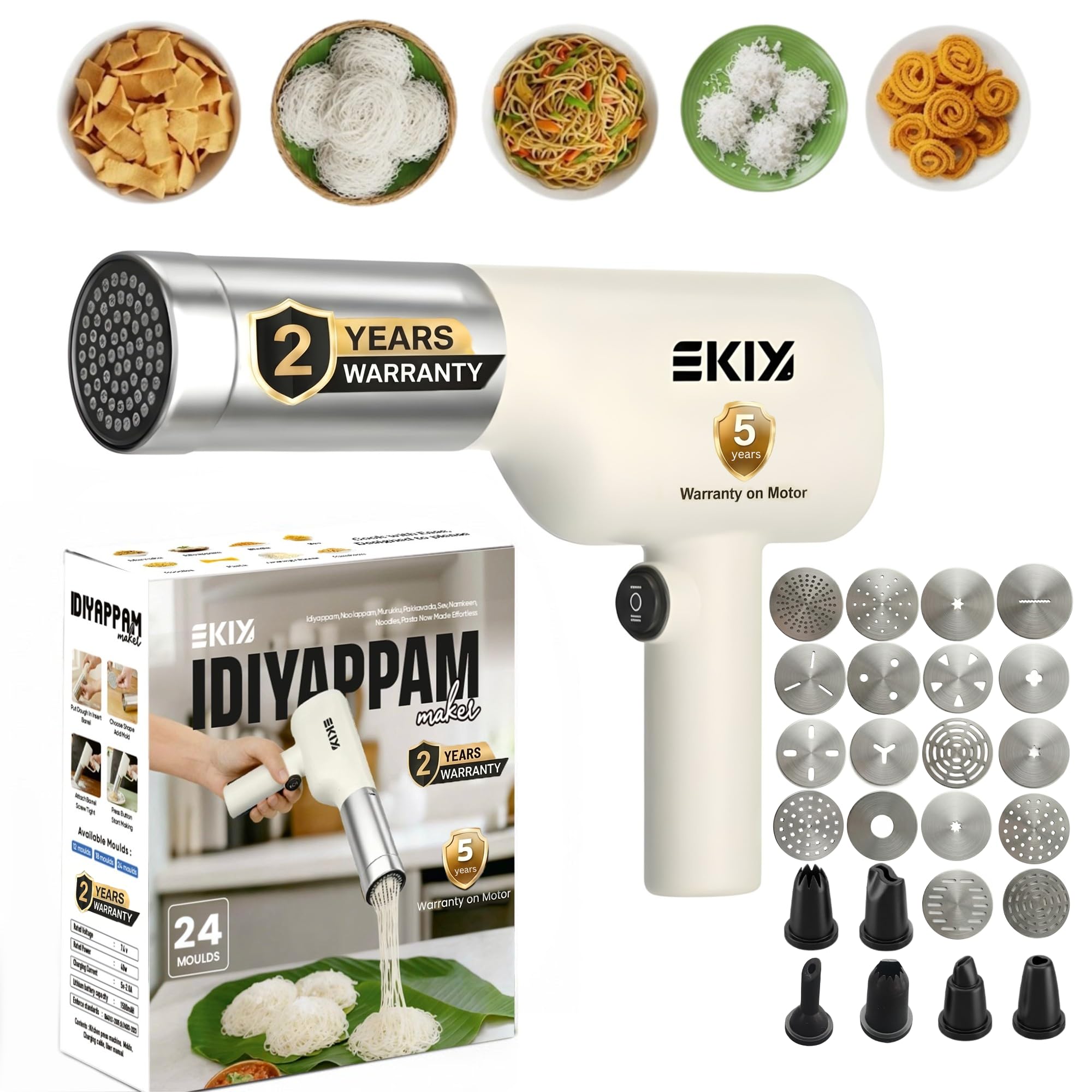 EKIY Electric 24 Mould Stainless Steel Idiyappam,Noolappam,Muruke,Pakkavada,Noodles,Pasta Maker Machine |50 Times for Full Charge| 1500 Mah Type-C Cordless |Wireless Automatic Portable (24 Mould)-image-10