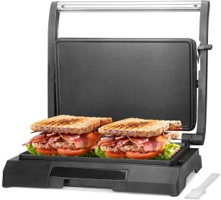 Baker's Friend Mini Panini Press: 2-Slice Electric Griddle for Sandwiches, Pancakes, Eggs - Non-Stick, Oil Tray, Stainless Steel
