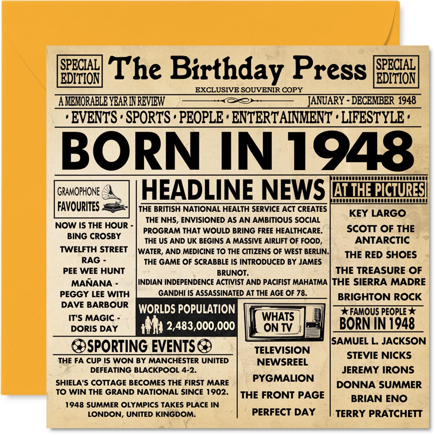 78th Birthday Cards for Men Women - Born In 1948 Newspaper - Happy 78 Birthday Card for Grandad Grandma Nan Vintage Retro Back In 1948, 145mm Bday Greeting Cards