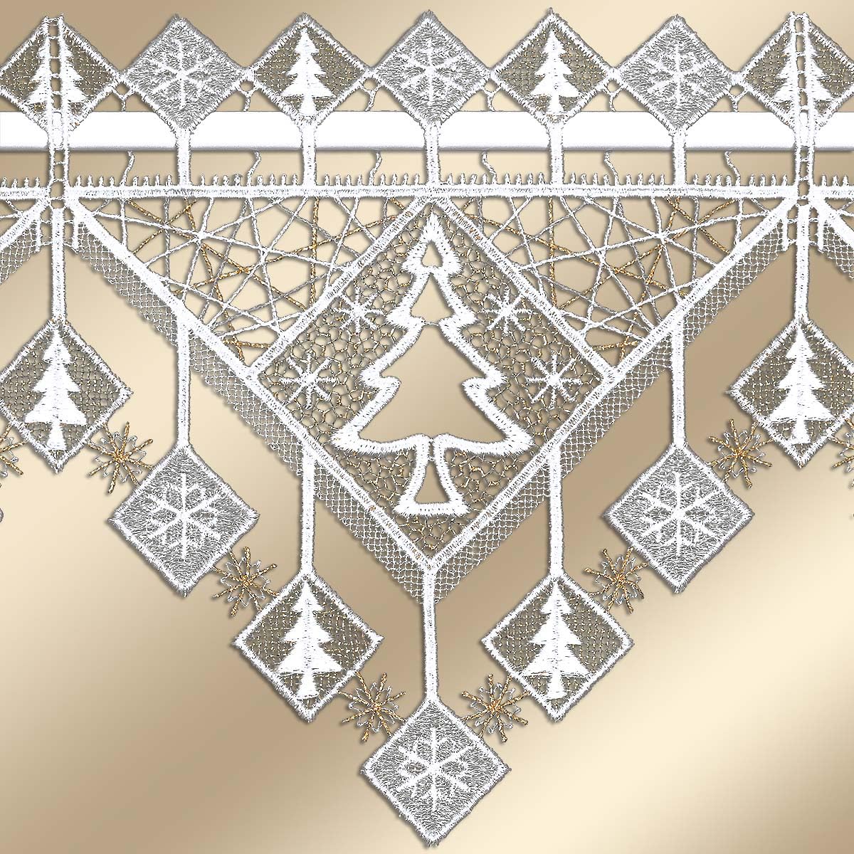 Feenhaus-Spitzengardine Winterbäumchen | Moderne Winterdeko Plauener Spitze | Mini-Scheibenhänger mit Tannenbäumen und geometrischen Mustern in weiß-Gold | Fensterdeko 20cm hoch, viele Breiten