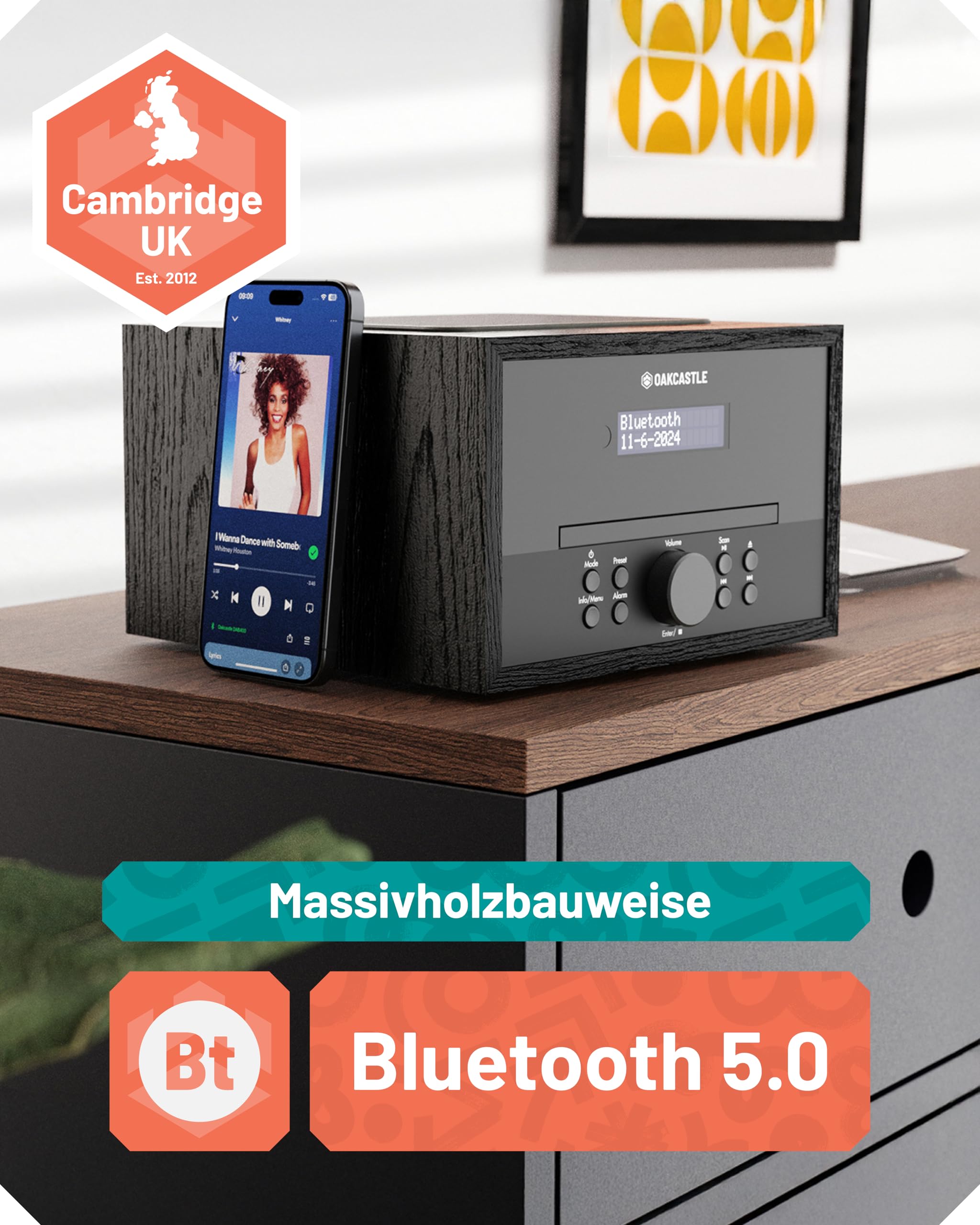 DAB+ Radio mit CD Player | Stereoanlage Bluetooth 5.0 | 40W 2.0 Stereo Lautsprecher Küchenradio | Kompaktanlage DAB+ & UKW | Musikanlage mit Doppelalarmfunktion& Fernbedienung | OAKCASTLE DAB400